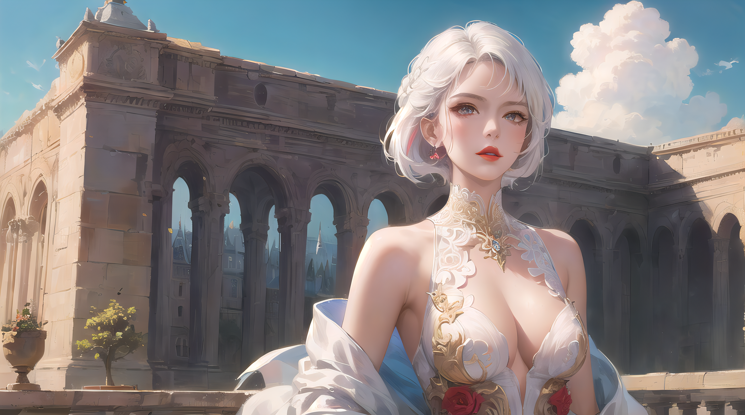 General 2384x1328 fantasy castle fantasy girl short hair AI art Asian women clouds cleavage big boobs earring looking at viewer