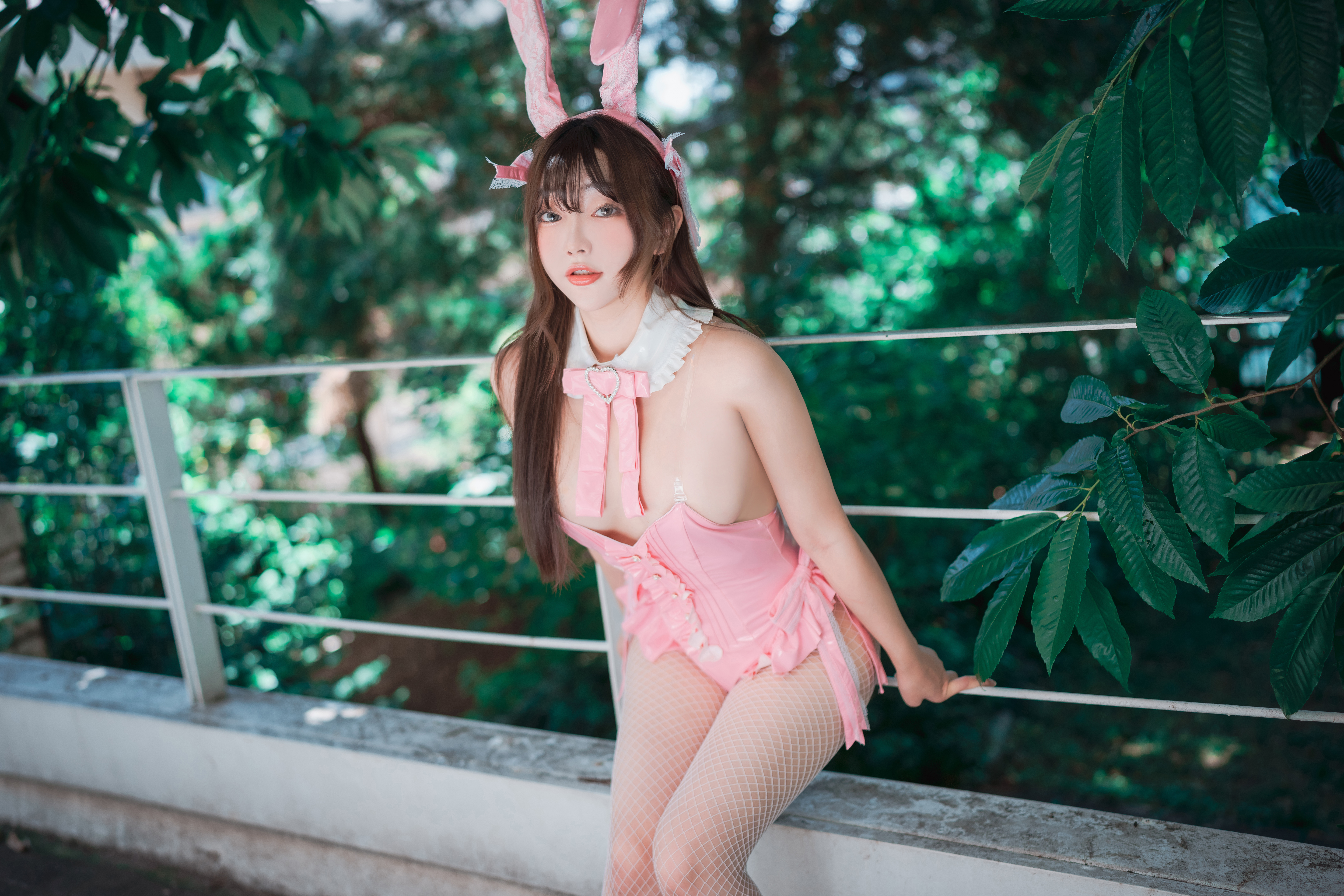 People 5760x3840 Newbom women model DJAWA brunette cosplay bunny girl women outdoors bunny ears corset fishnet pantyhose Asian