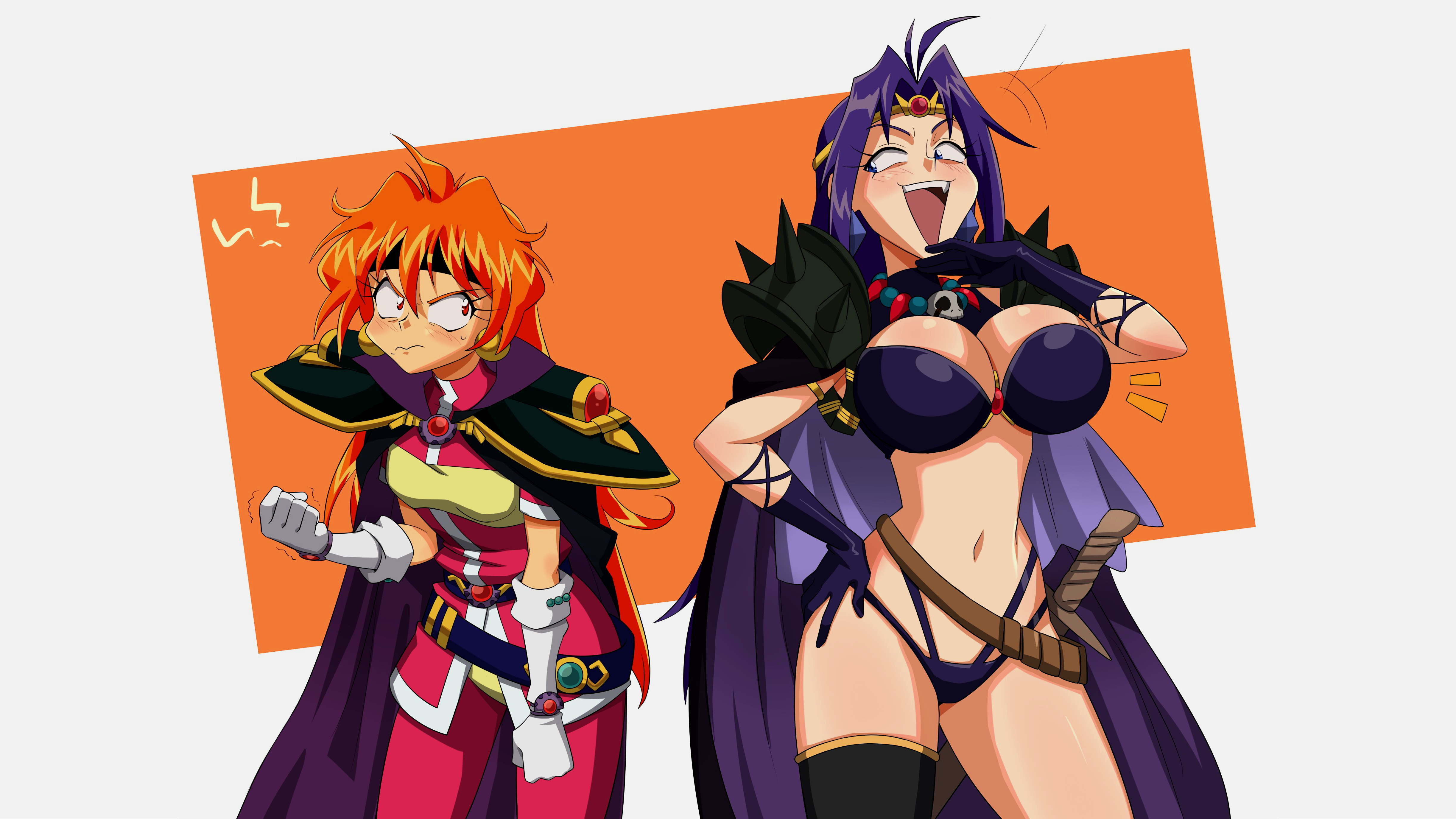 Anime 4889x2750 Slayers Lina Inverse Naga shoulder pads big boobs small boobs boobs cleavage bare midriff belly belly button skull redhead purple hair headband hair ornament jewelry bikini thighs gloves angry laughing open mouth looking sideways red dress red pants long hair anime girls cape white gloves bikini armor bikini top bikini bottoms earring
