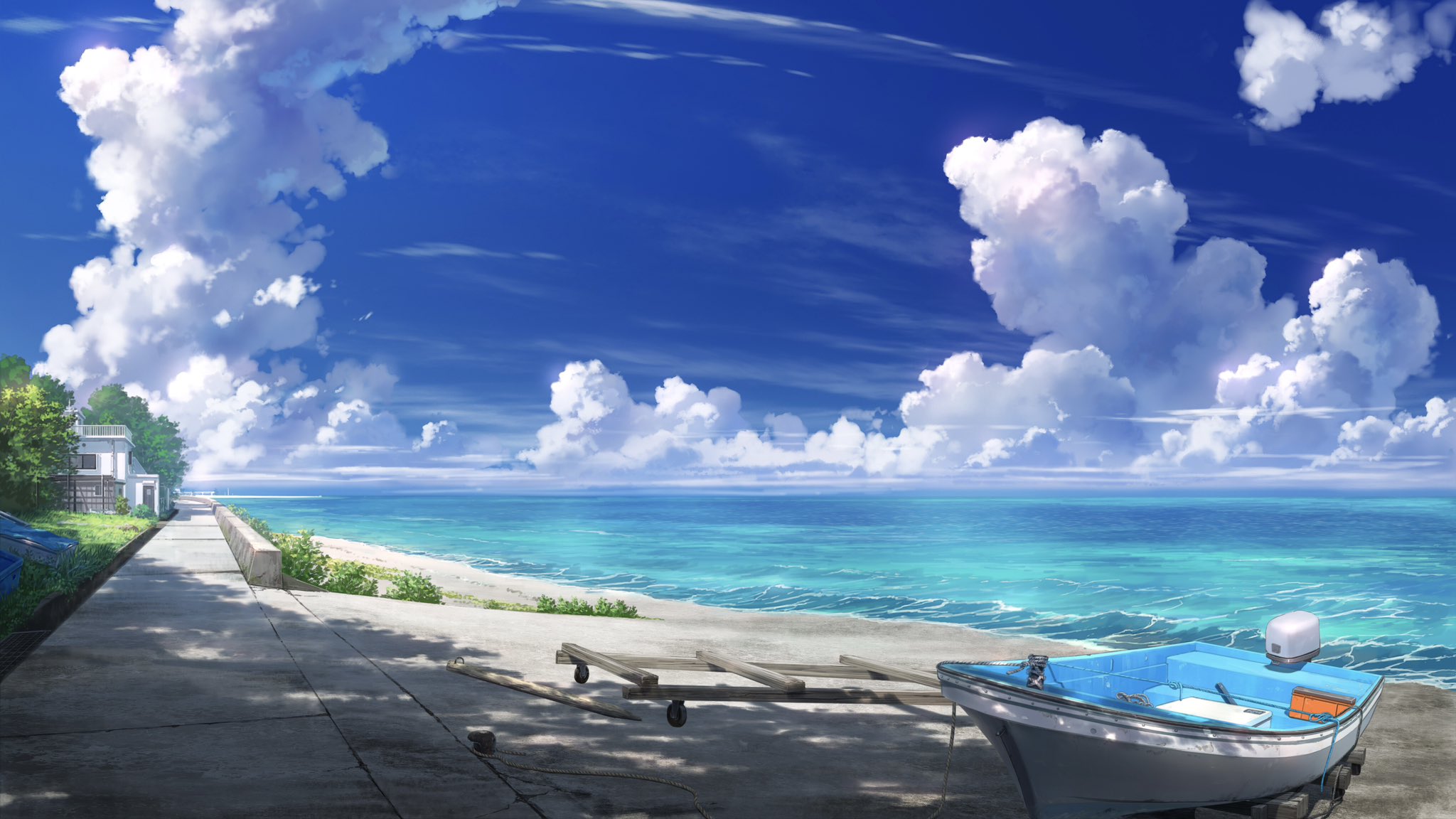 Anime 2048x1152 pei (sumurai) outdoors beach dappled sunlight clouds house grass morning sky water waves sea shore digital art sunlight building horizon cumulus boat