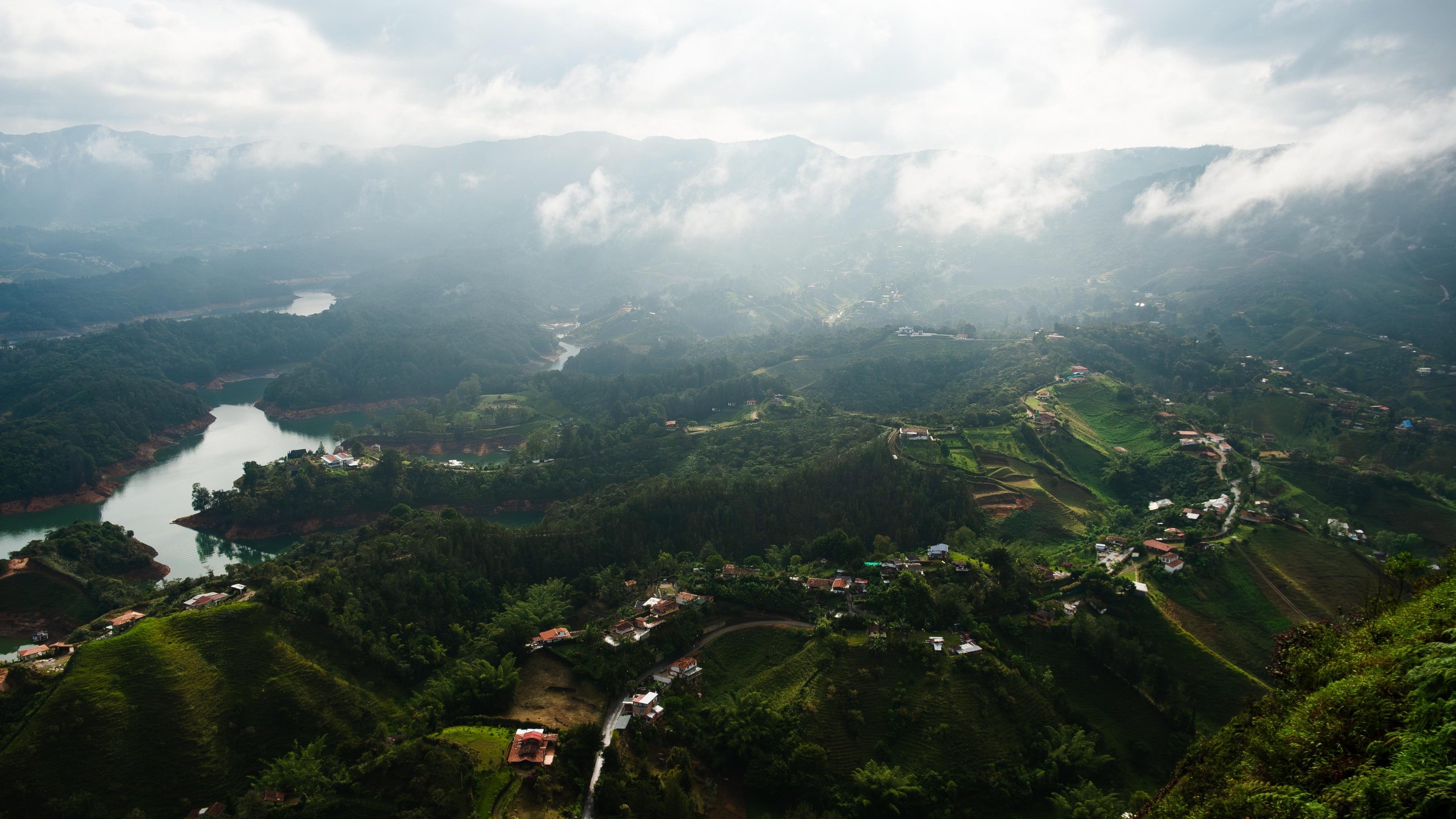 General 3840x2160 nature landscape mountains clouds trees grass plants house river aerial view drone photo Colombia 