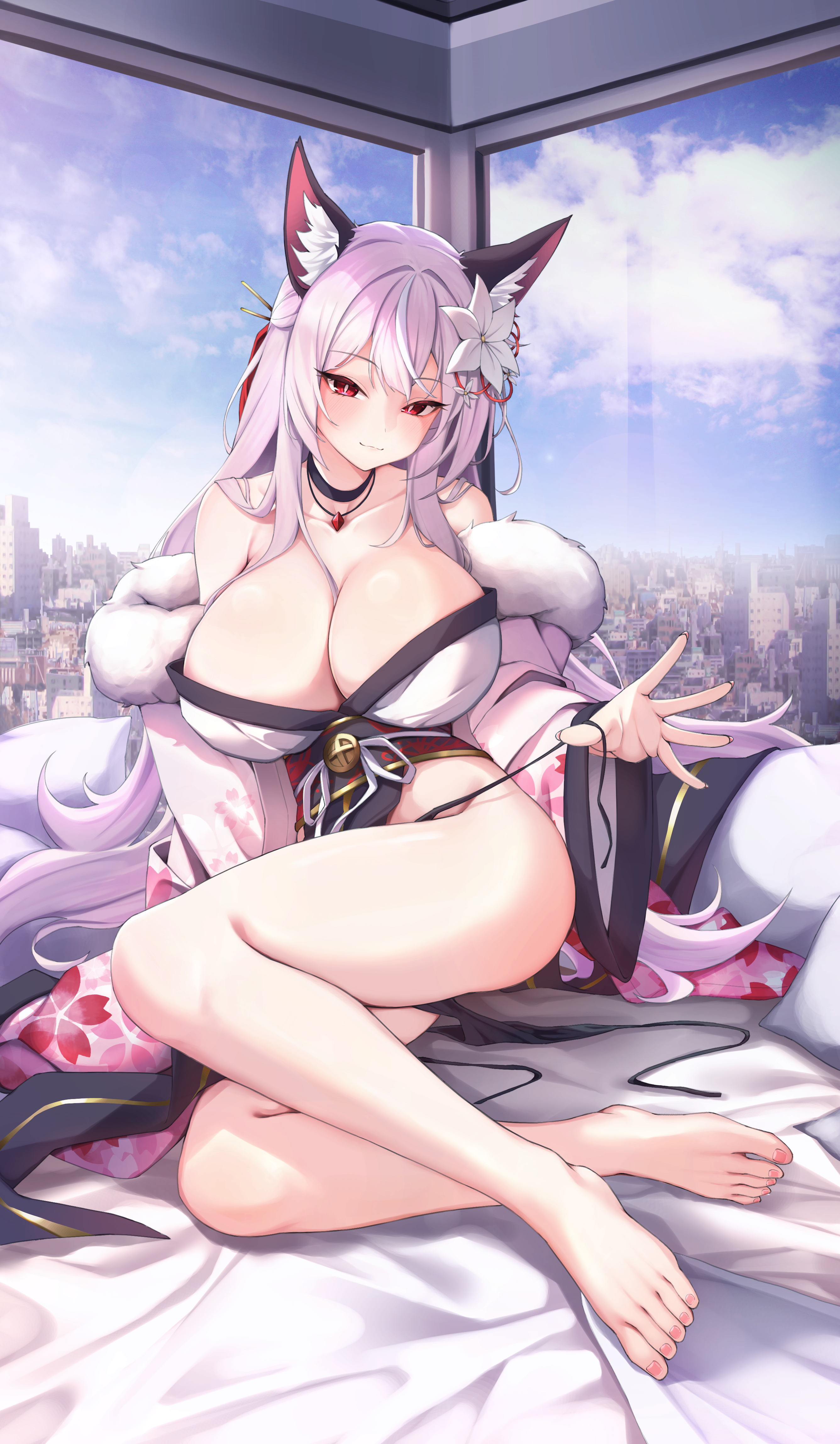 Anime 2672x4592 portrait display red eyes looking at viewer long hair huge breasts animal ears flower in hair undressing removing panties choker Japanese clothes no bra closed mouth blushing cityscape string panties bare shoulders smiling sky feet clouds hair ornament thighs Sia (artist) barefoot