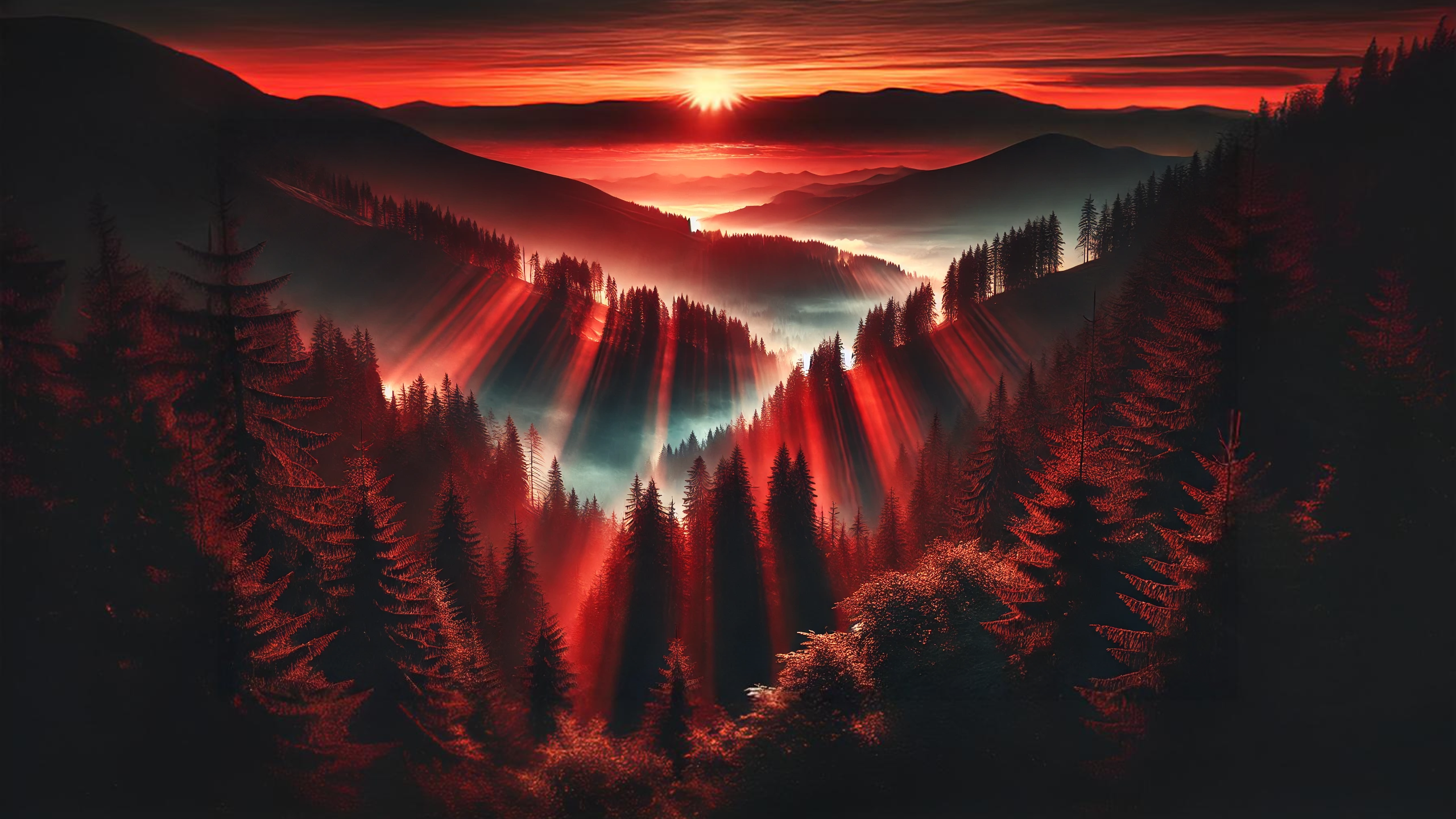 General 2560x1440 nature planet Earth red Sun sunset dawn wood forest AI art