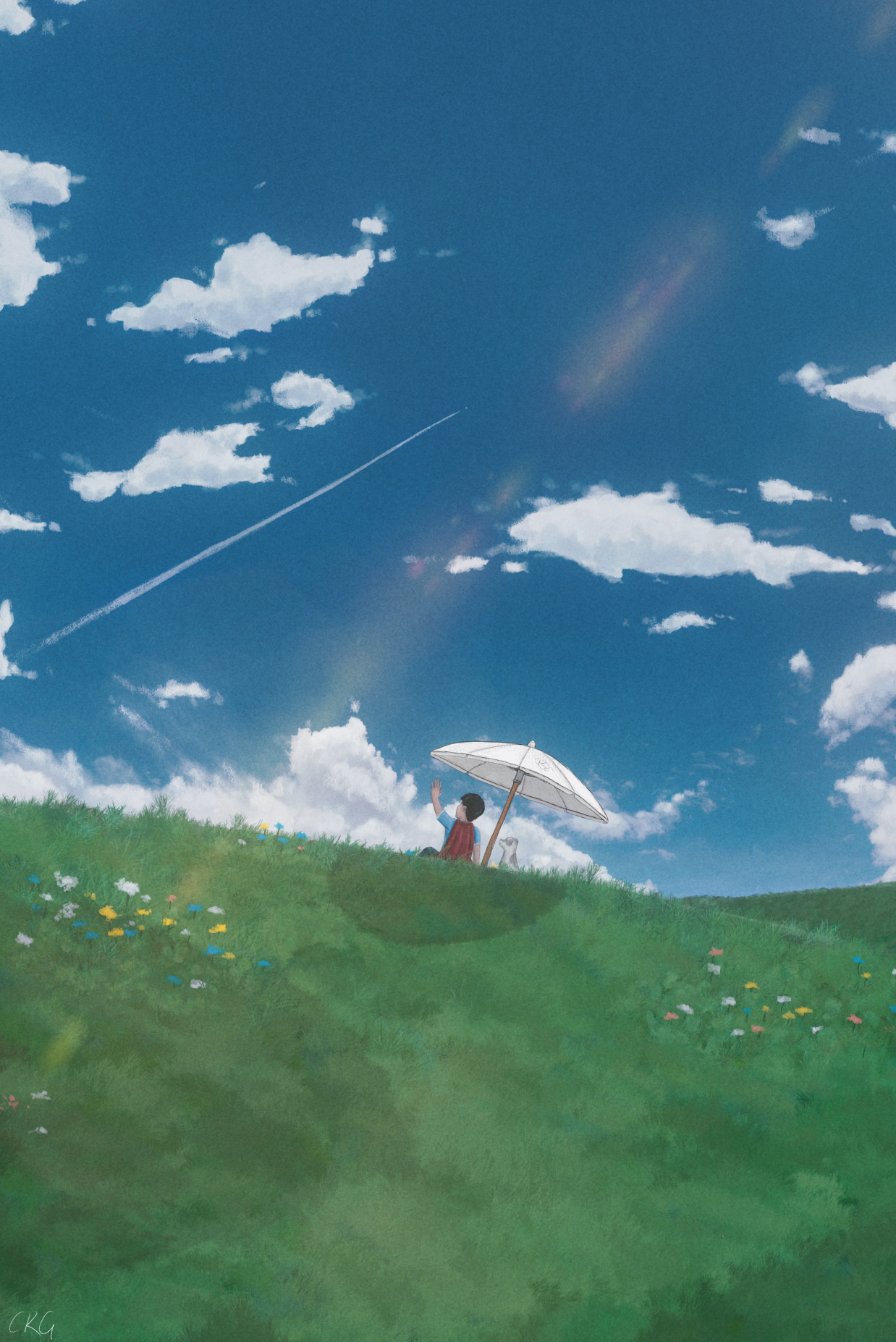 Anime 1238x1854 digital art anime anime boys dog outdoors nature field grass clouds sky summer sitting portrait display red cape sunlight ridges