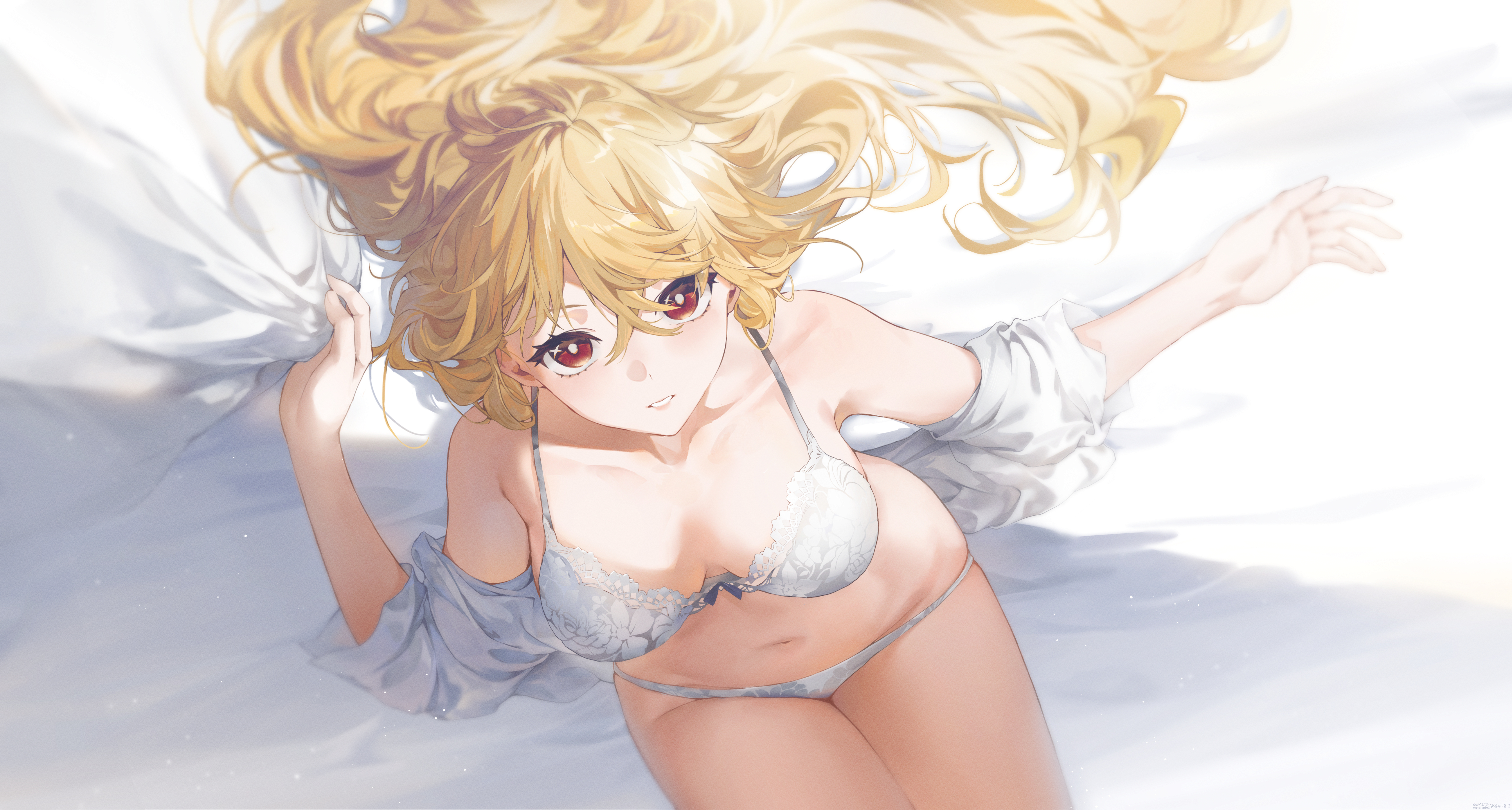 Anime 6044x3240 Zenless Zone Zero in bed Luciana de Montefio bra looking at viewer lingerie white underwear panties white panties underwear boobs hair between eyes women indoors long hair open clothes white shirt white bra lying on back parted lips lying down red eyes open shirt SWKL anime girls