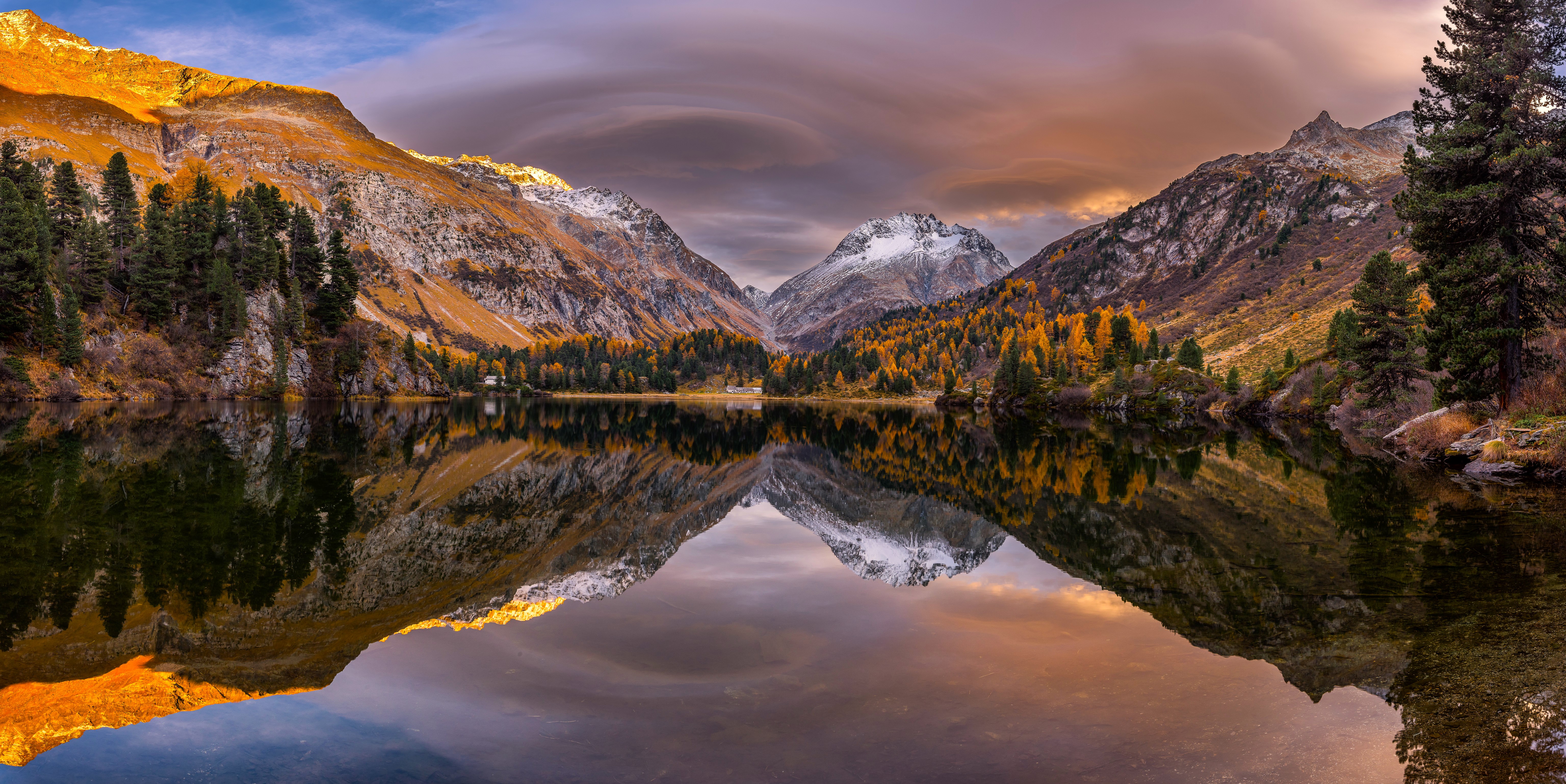 General 6144x3078 nature landscape trees plants rocks water mountains clouds sky reflection clear water lake fall Switzerland