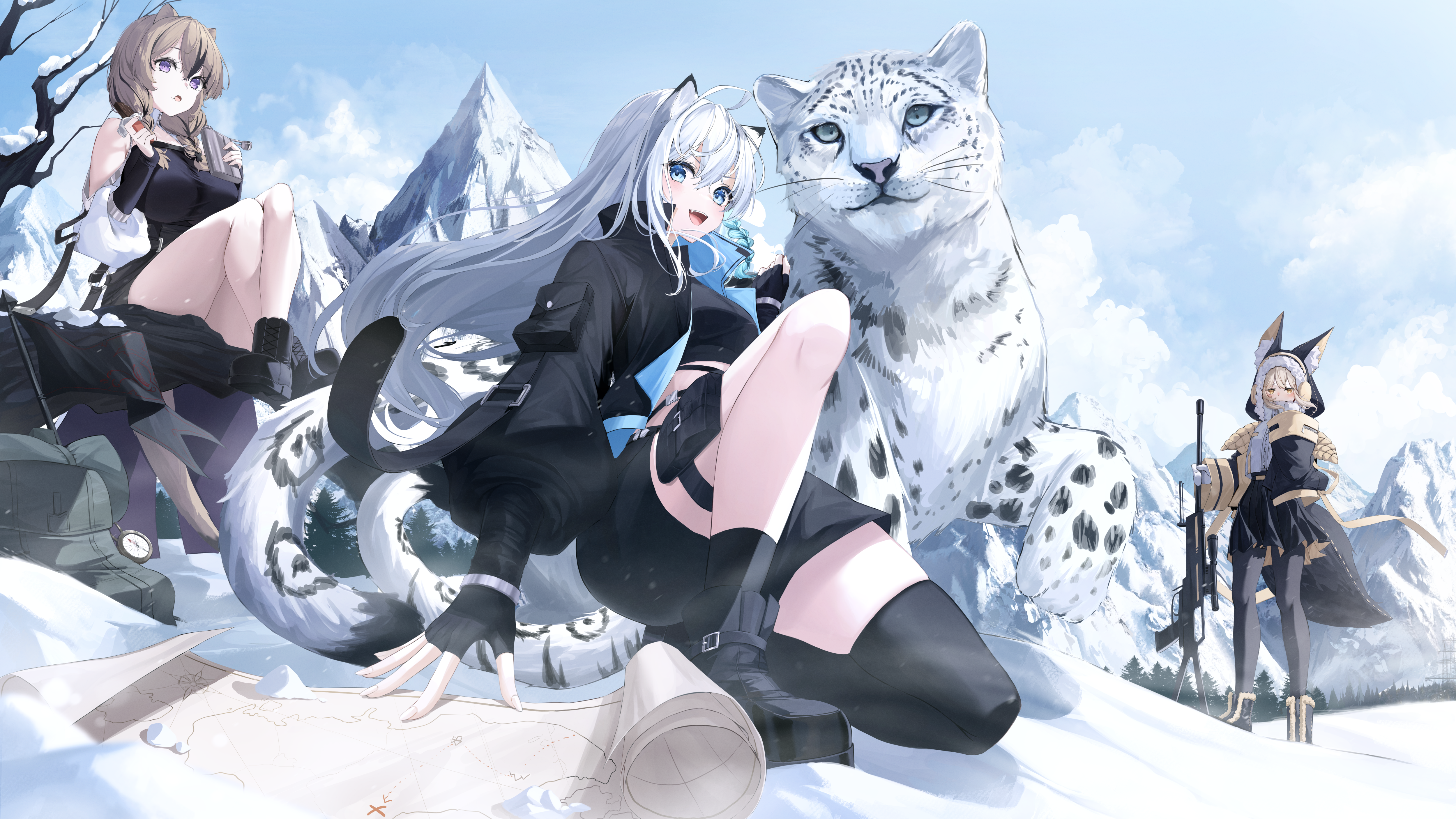 Anime 5000x2813 anime anime girls tiger animals snow gloves fingerless gloves mountains sky clouds long hair animal ears sniper rifle gun girls with guns looking at viewer closed eyes winter map stockings women trio white tigers