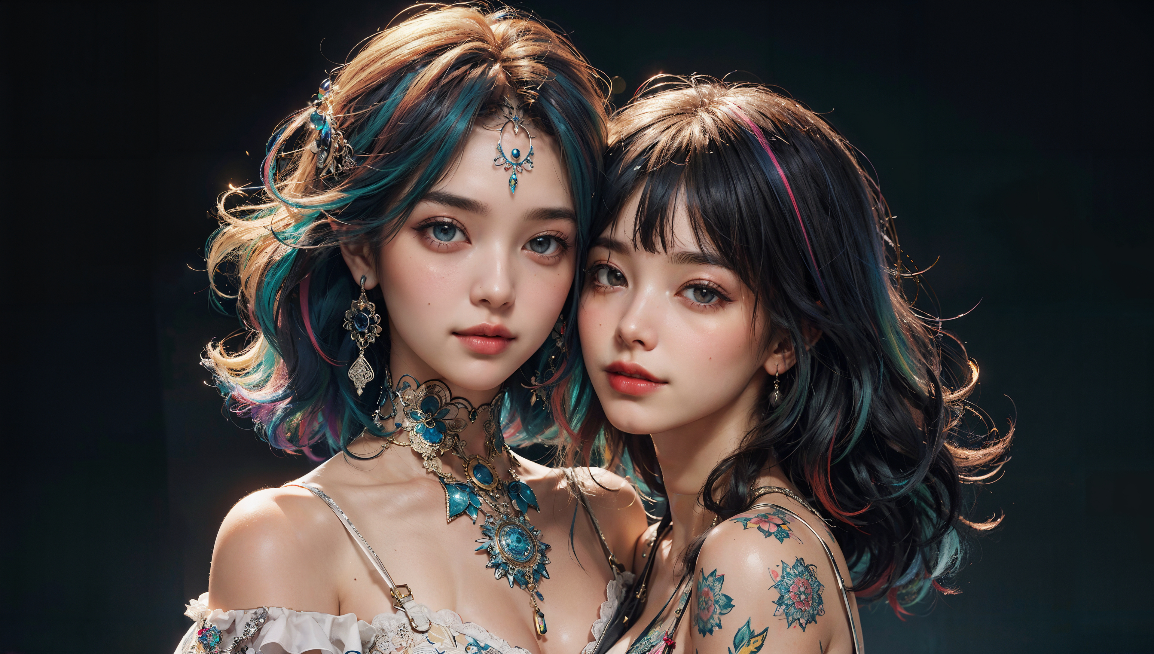 General 3840x2176 AI art women hair   looking at viewer jewelry Asian simple background minimalism short hair multi-colored hair earring tattoo