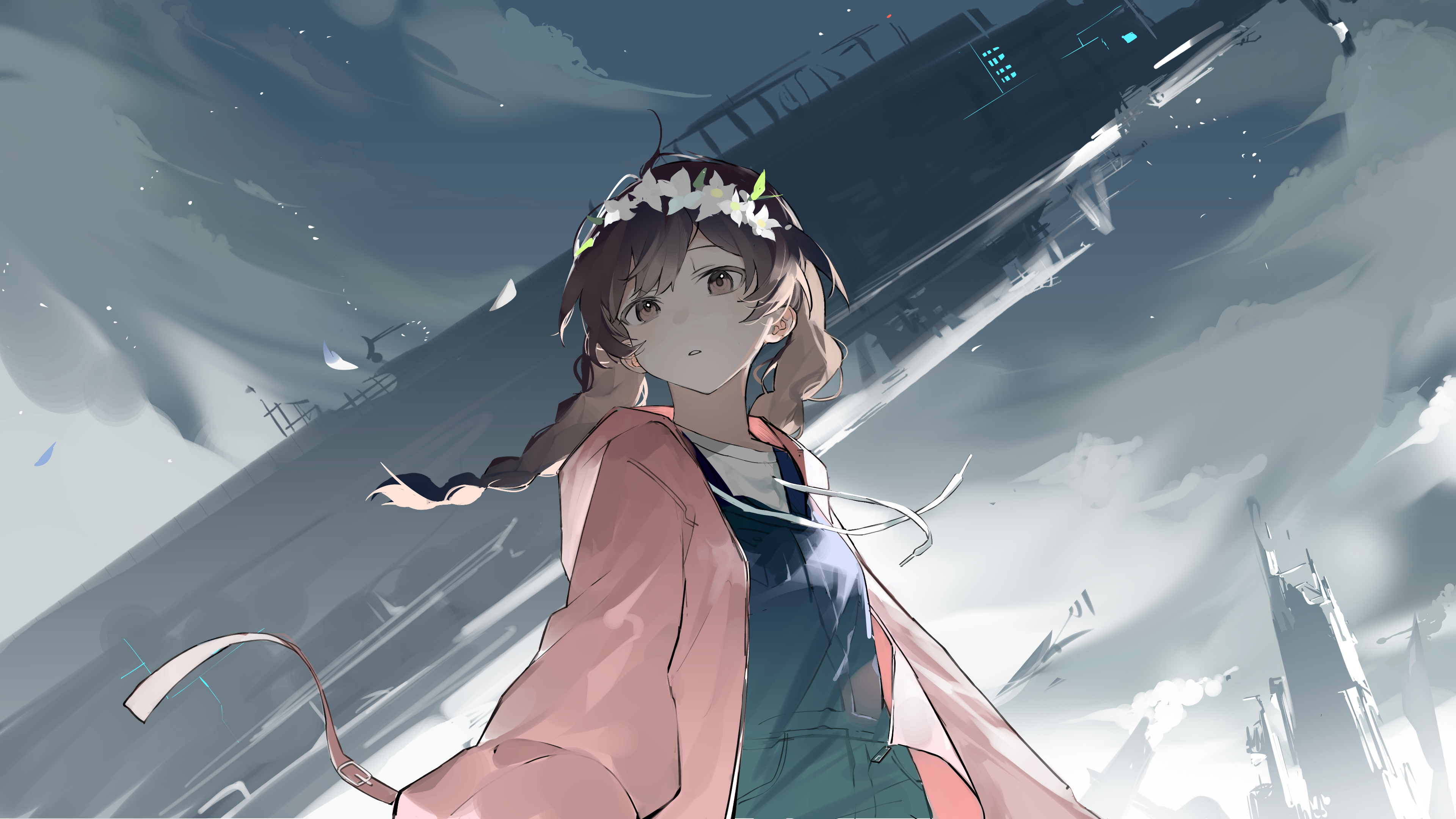 Anime 3840x2160 anime anime girls low-angle twintails brunette flower crown blurry background braids clouds sky looking at viewer flower in hair