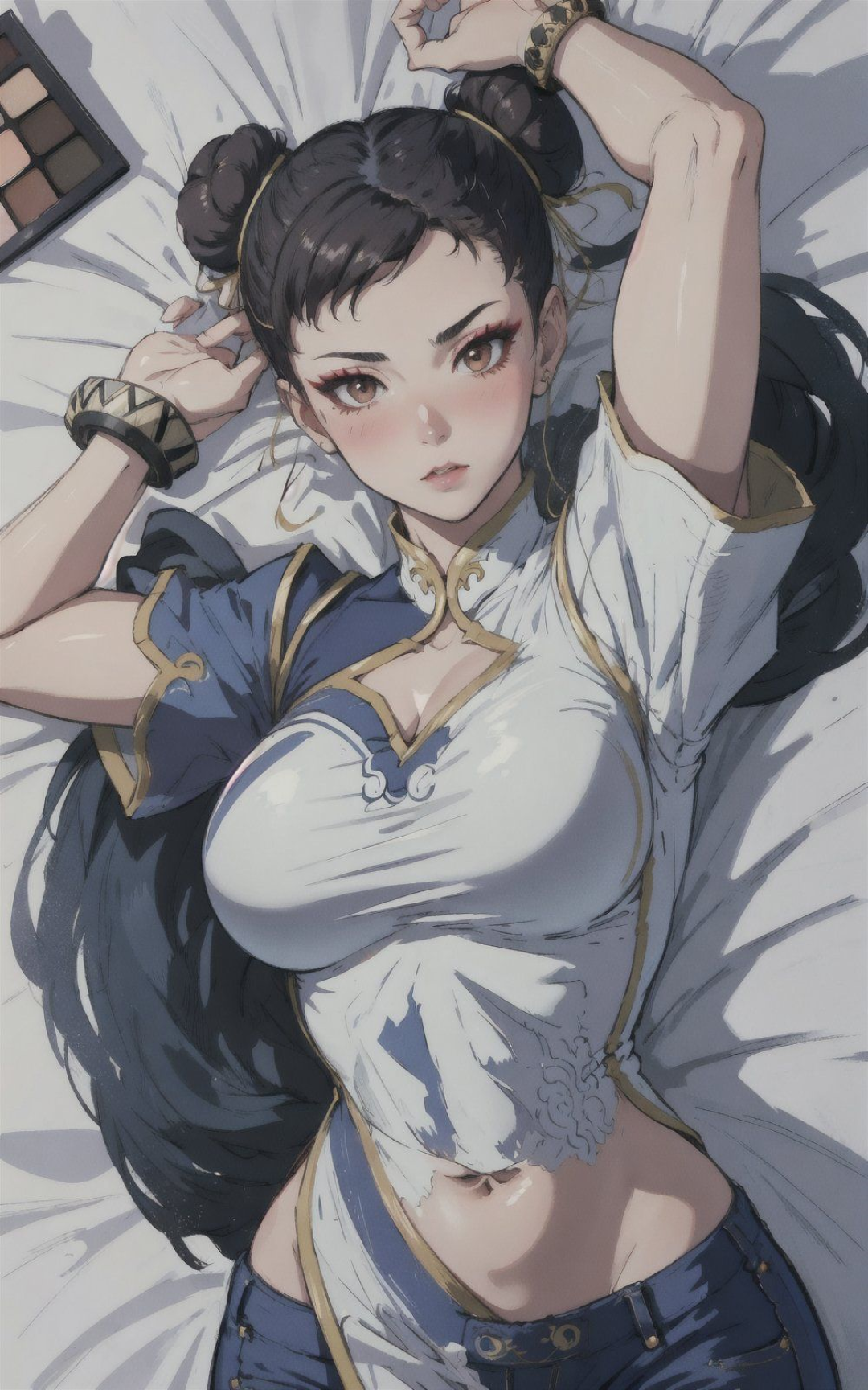 General 1080x1728 Street Fighter Chun-Li AI art looking at viewer top view portrait display lying on back lying down cleavage big boobs hairbun palette blushing video game girls video game characters