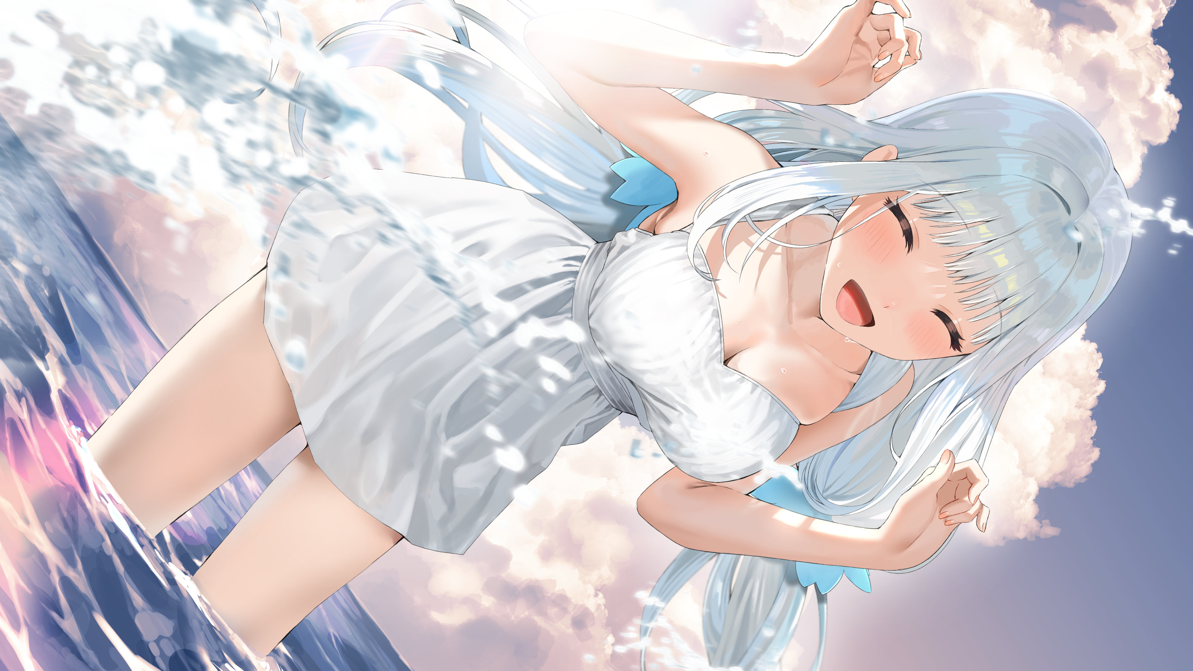 Anime 3840x2160 anime anime girls closed eyes water standing in water long hair cleavage dress clouds sky open mouth