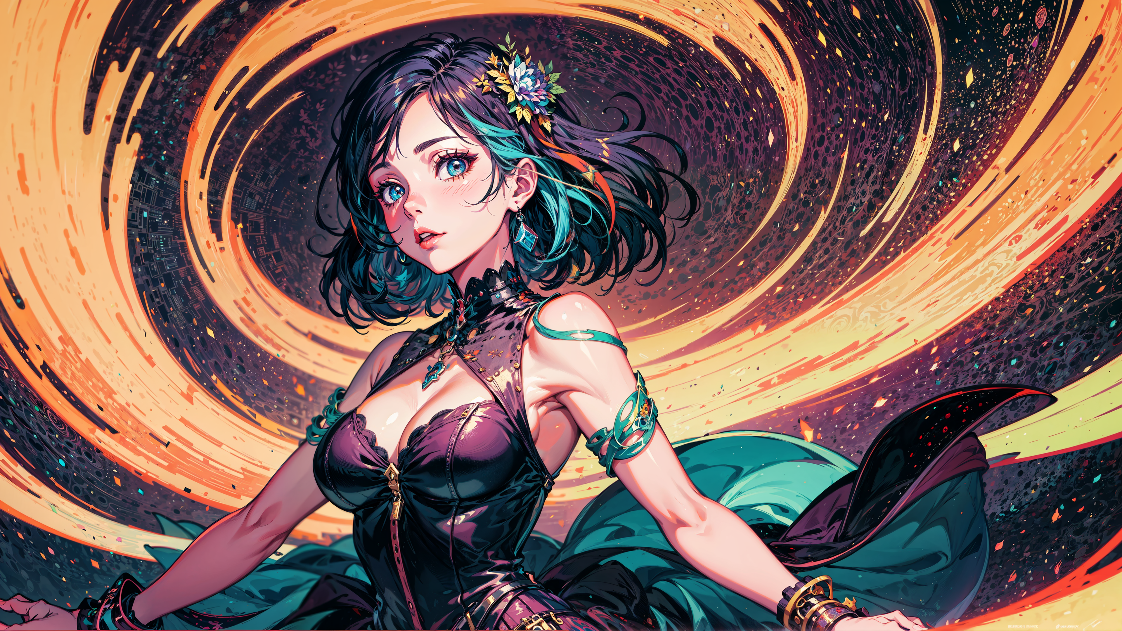 Anime 3840x2160 AI art anime girls dyed hair multi-colored hair flower in hair short hair blue eyes bare shoulders cleavage dress looking at viewer colorful time travel universe space science fiction fantasy art magic 4K Stable Diffusion photopea DeviantArt digital art