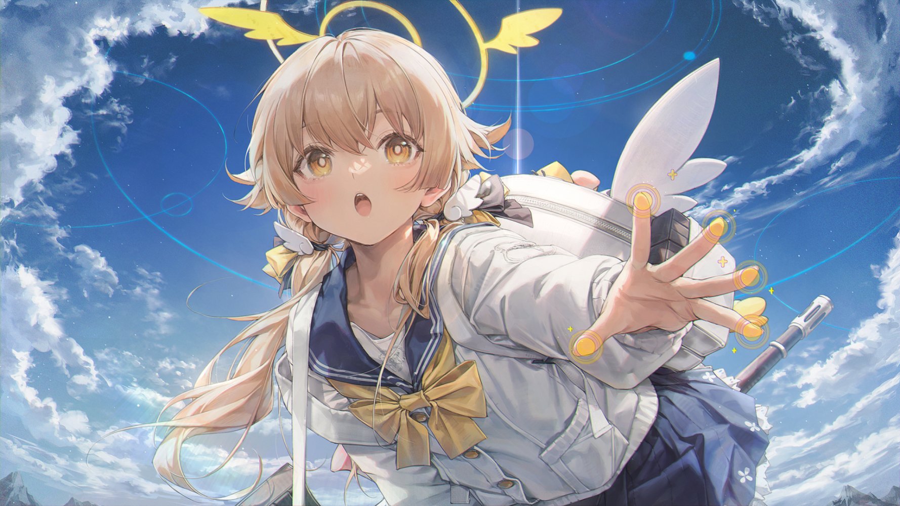 Anime 1778x1000 anime girls blonde angel clouds sky bow tie arms reaching schoolgirl school uniform looking at viewer yellow eyes twintails long hair Blue Archive Hifumi (Blue Archive)