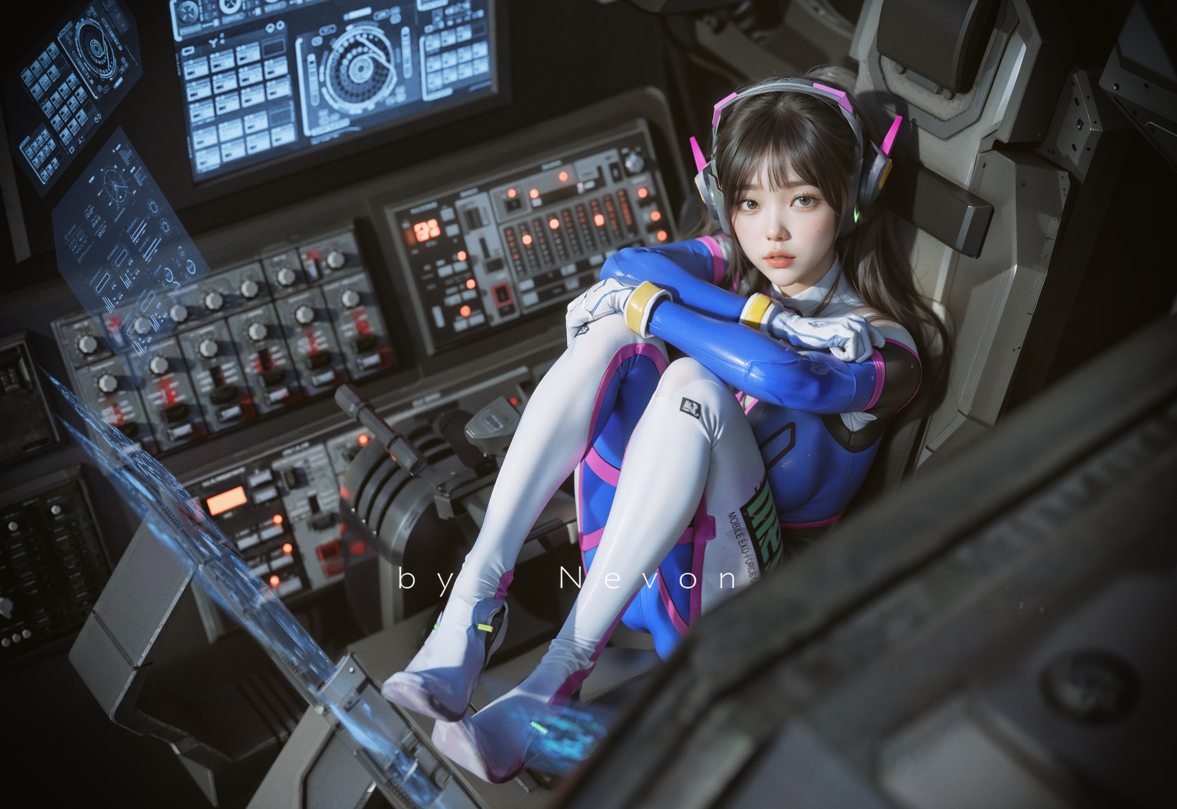 General 4000x2750 digital art CGI women science fiction futuristic sitting D.Va (Overwatch) dark hair headsets Asian cosplay Overwatch Nevon
