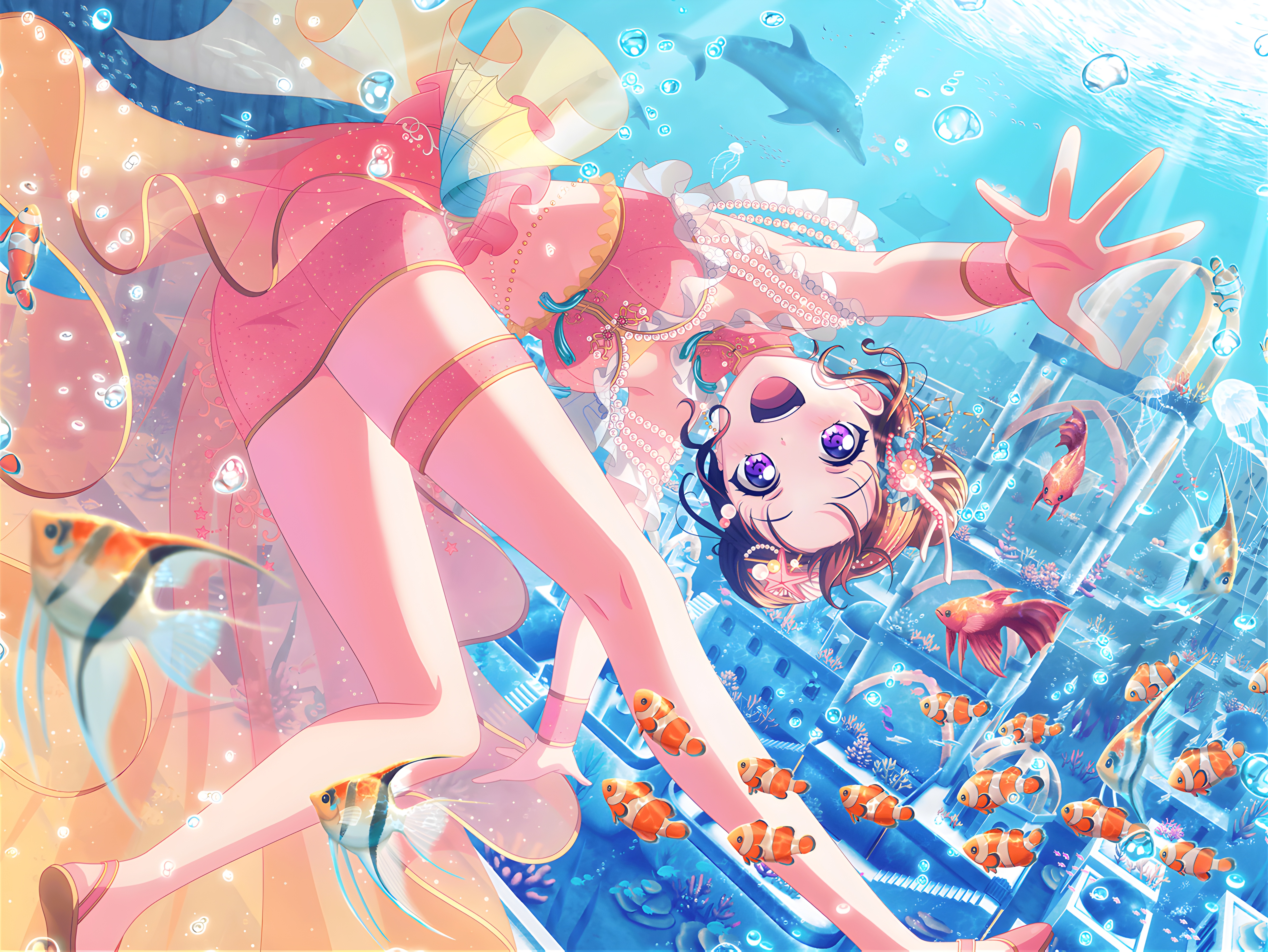 Anime 5336x4008 BanG Dream! anime anime girls Toyama Kasumi swimwear fish looking at viewer sunlight dolphin water underwater bubbles animals open mouth