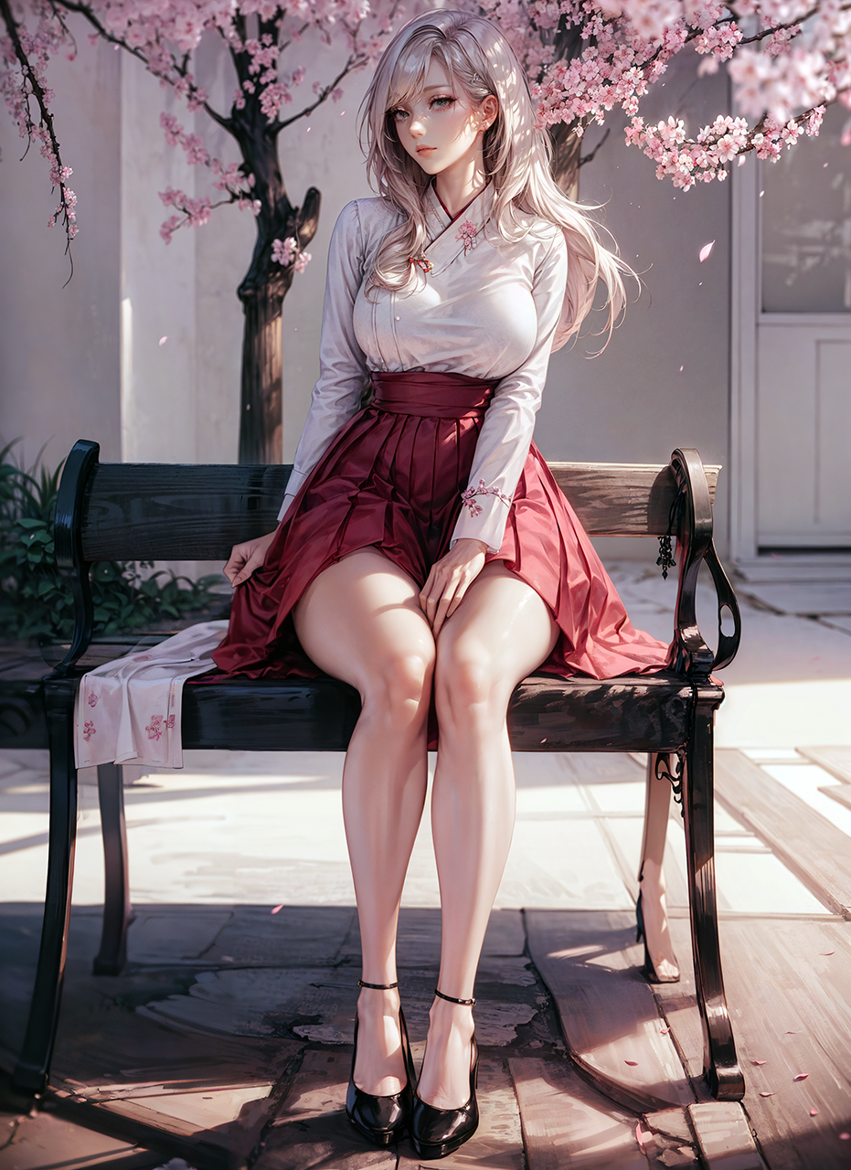 General 931x1280 AI art Stable Diffusion digital art women sitting skirt long hair white hair cherry blossom legs looking at viewer bench petals portrait display Asian flowers