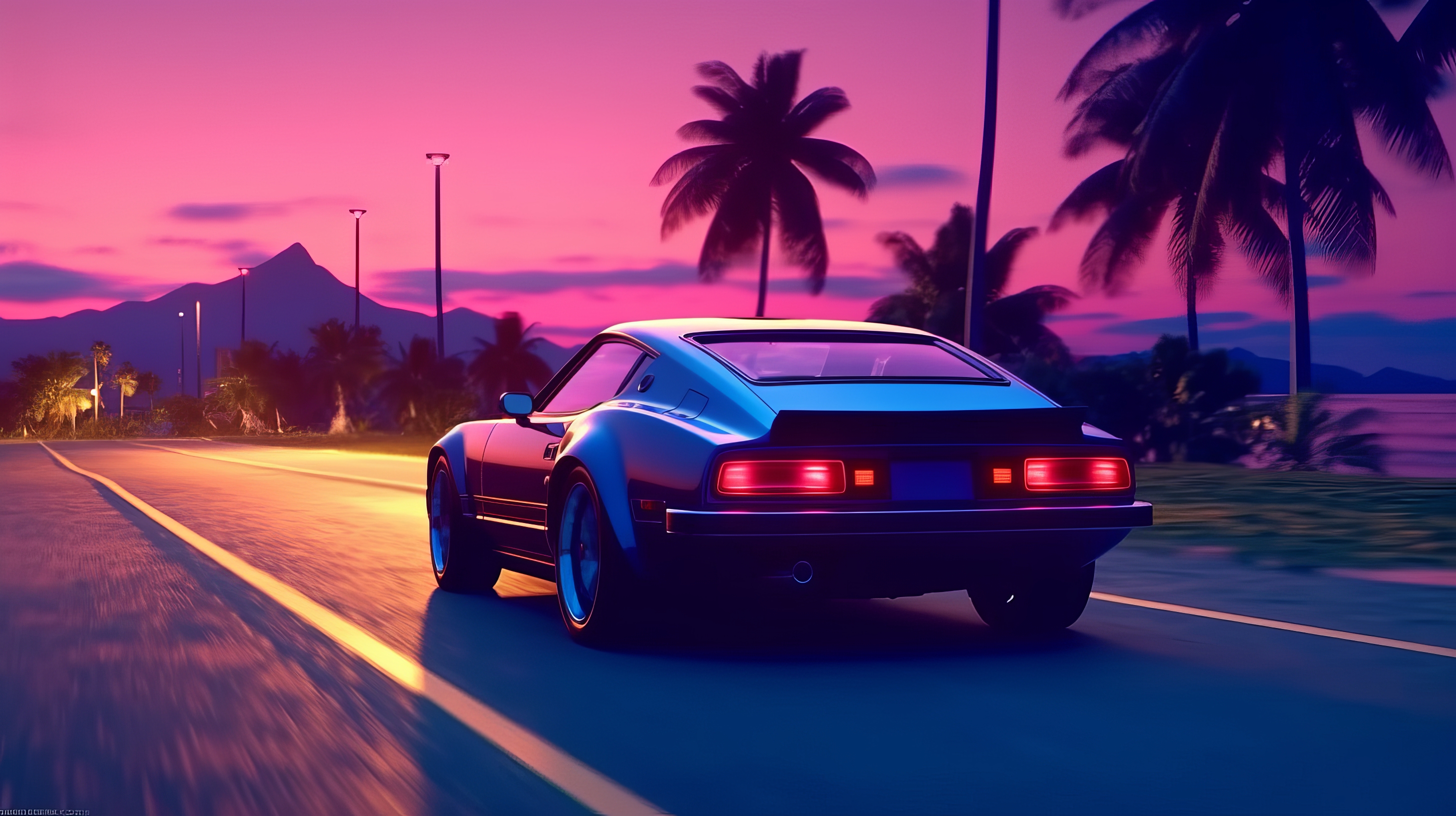 General 2912x1632 AI art car sports car synthwave Retro Wave driving road Blue hour colorful palm trees rear view taillights sunset sunset glow clouds sky mountains street light