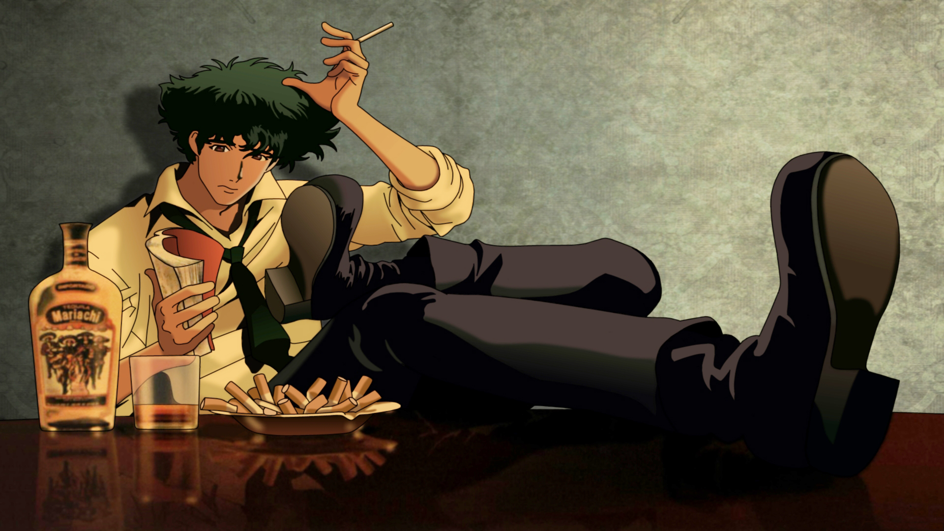Anime 1920x1080 Cowboy Bebop Spike Spiegel cigarettes anime boys sitting frown alcohol glass tie reflection
