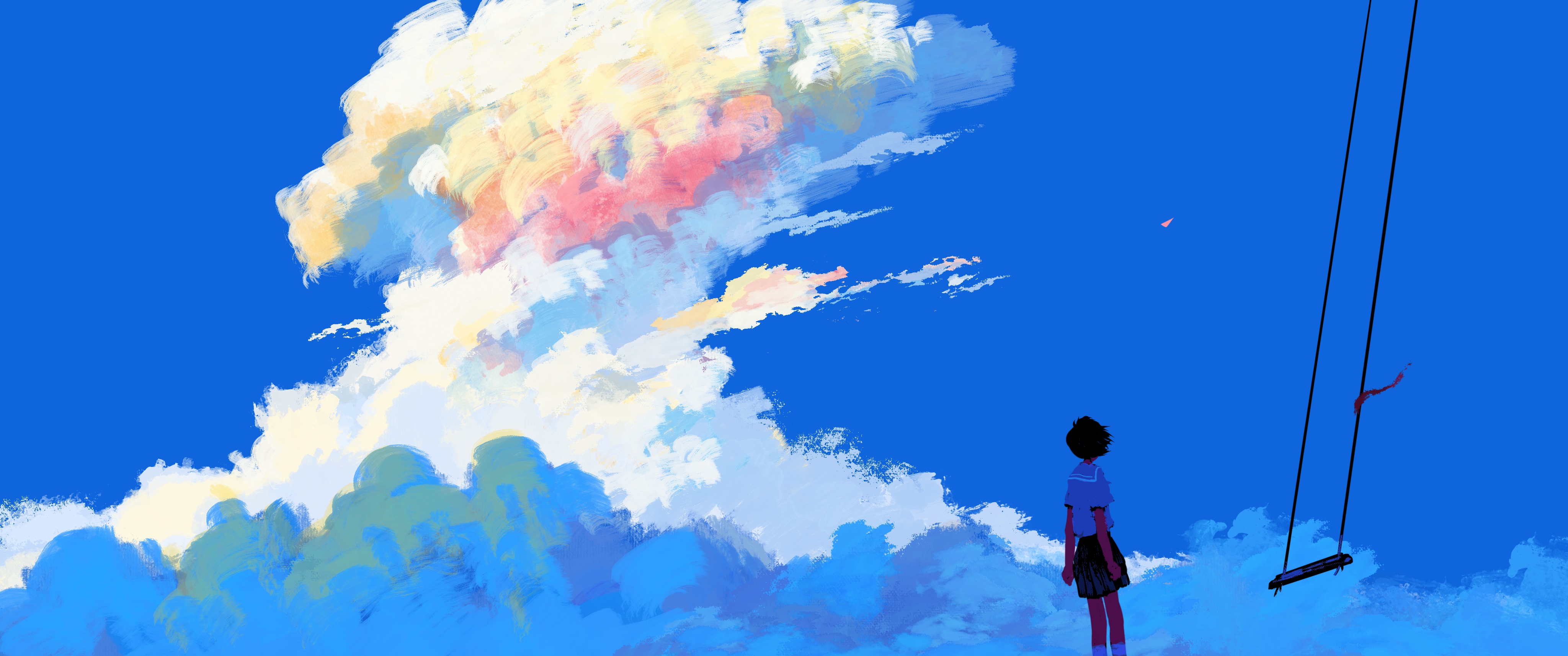 General 4096x1714 bangjoy digital painting clouds peaceful looking away schoolgirl school uniform swings sky standing hair blowing in the wind digital art