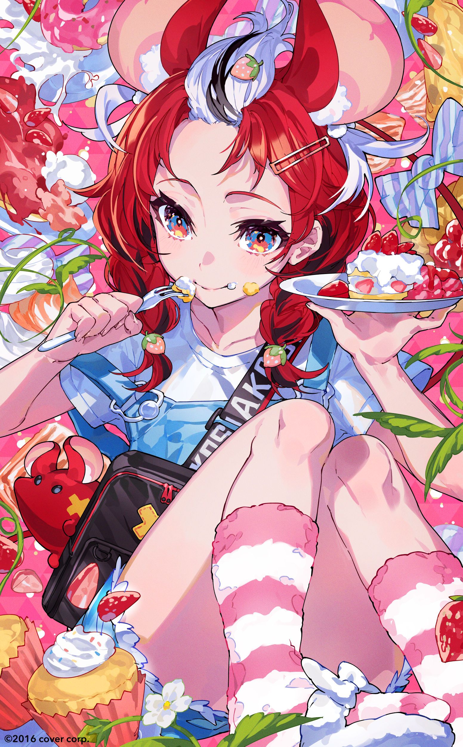 Anime 1552x2500 Hololive mouse ears Hakos Baelz anime girls multi-colored hair leaves cupcakes portrait display Virtual Youtuber fork cake strawberries sweets mouse girls looking at viewer