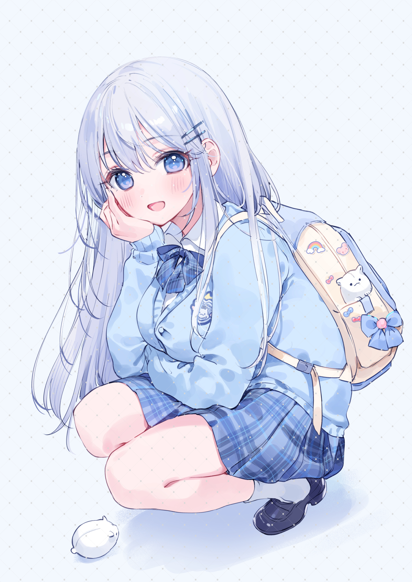 Anime 1346x1899 Pixiv anime anime girls squatting backpacks portrait display bow tie looking at viewer simple background blue hair blue eyes blushing long hair