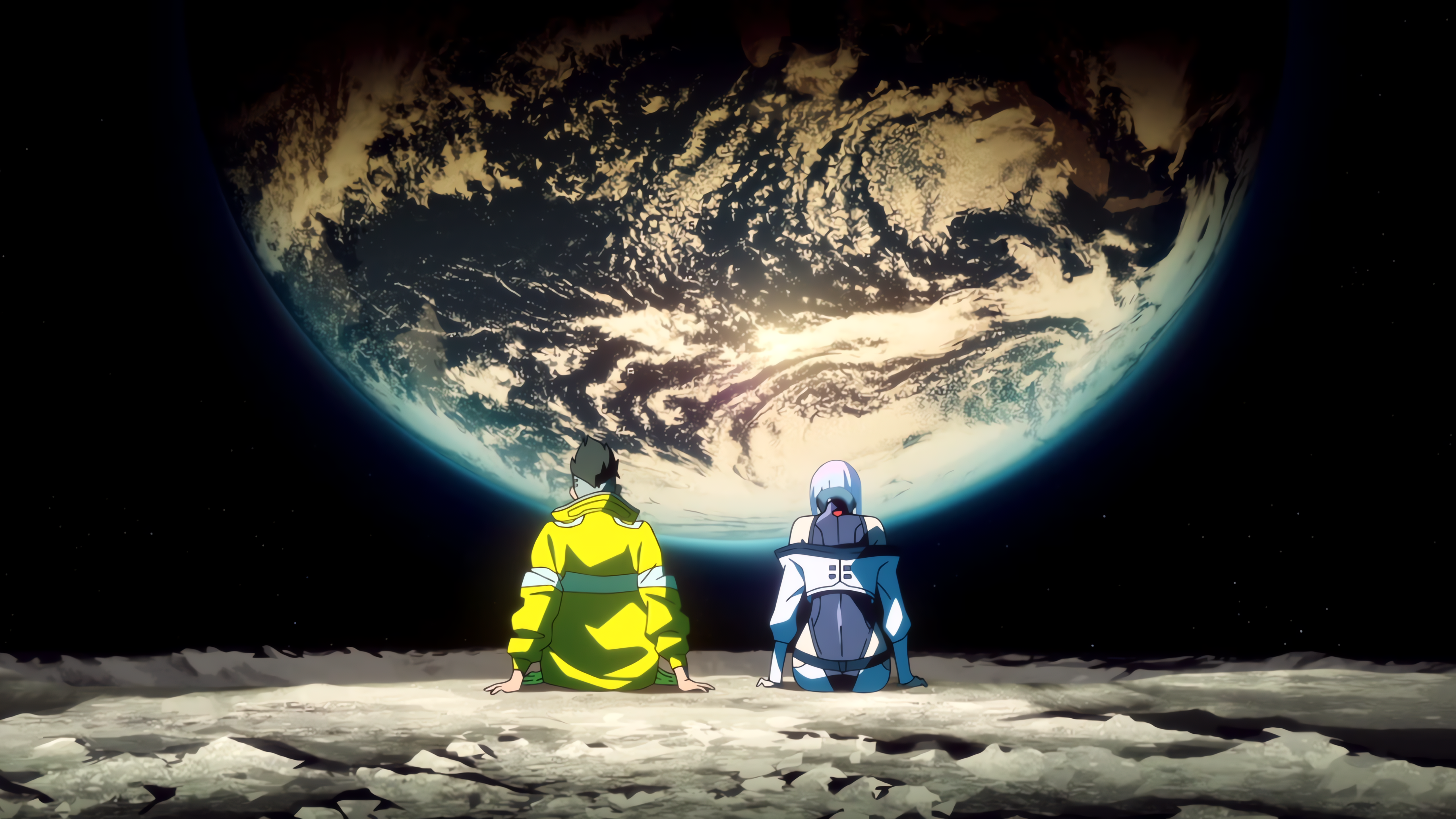 Anime 5120x2880 Cyberpunk: Edgerunners anime screenshot upscaled space Moon David Martinez (Edgerunners) Lucyna Kushinada (Cyberpunk: Edgerunners) anime girls anime boys sitting planet