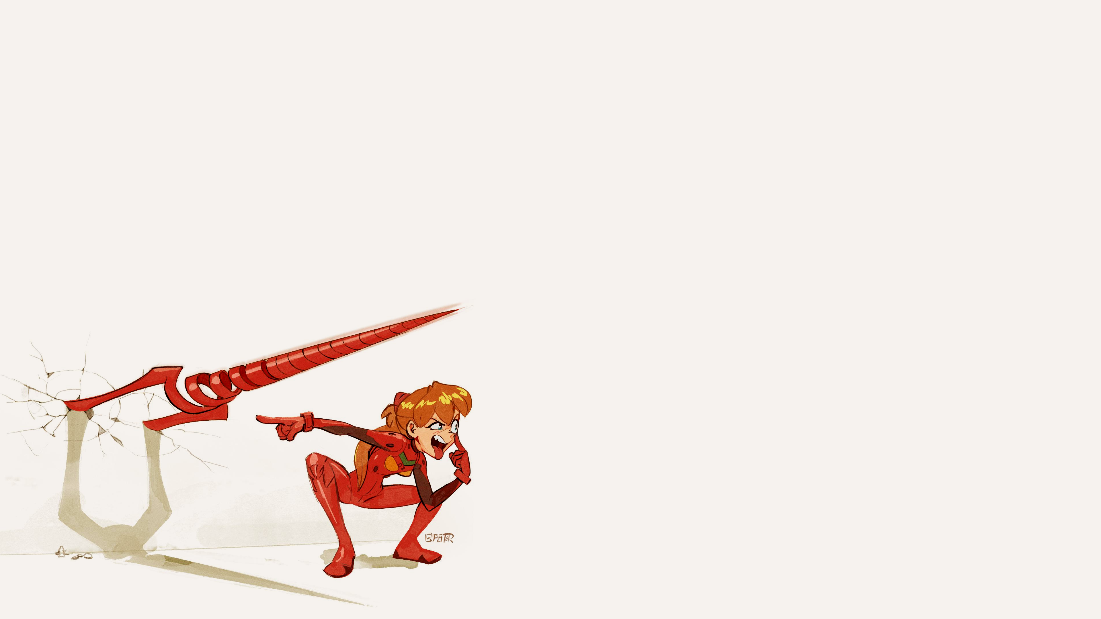 Anime 3840x2160 Asuka Langley Soryu Neon Genesis Evangelion redhead blue eyes obscene red bodysuit plugsuit lance Spear of Longinus spear gloves red gloves tongue out tongues smug face long hair bangs finger pointing shadow anime girls squatting rubble teeth white background simple background minimalism bodysuit