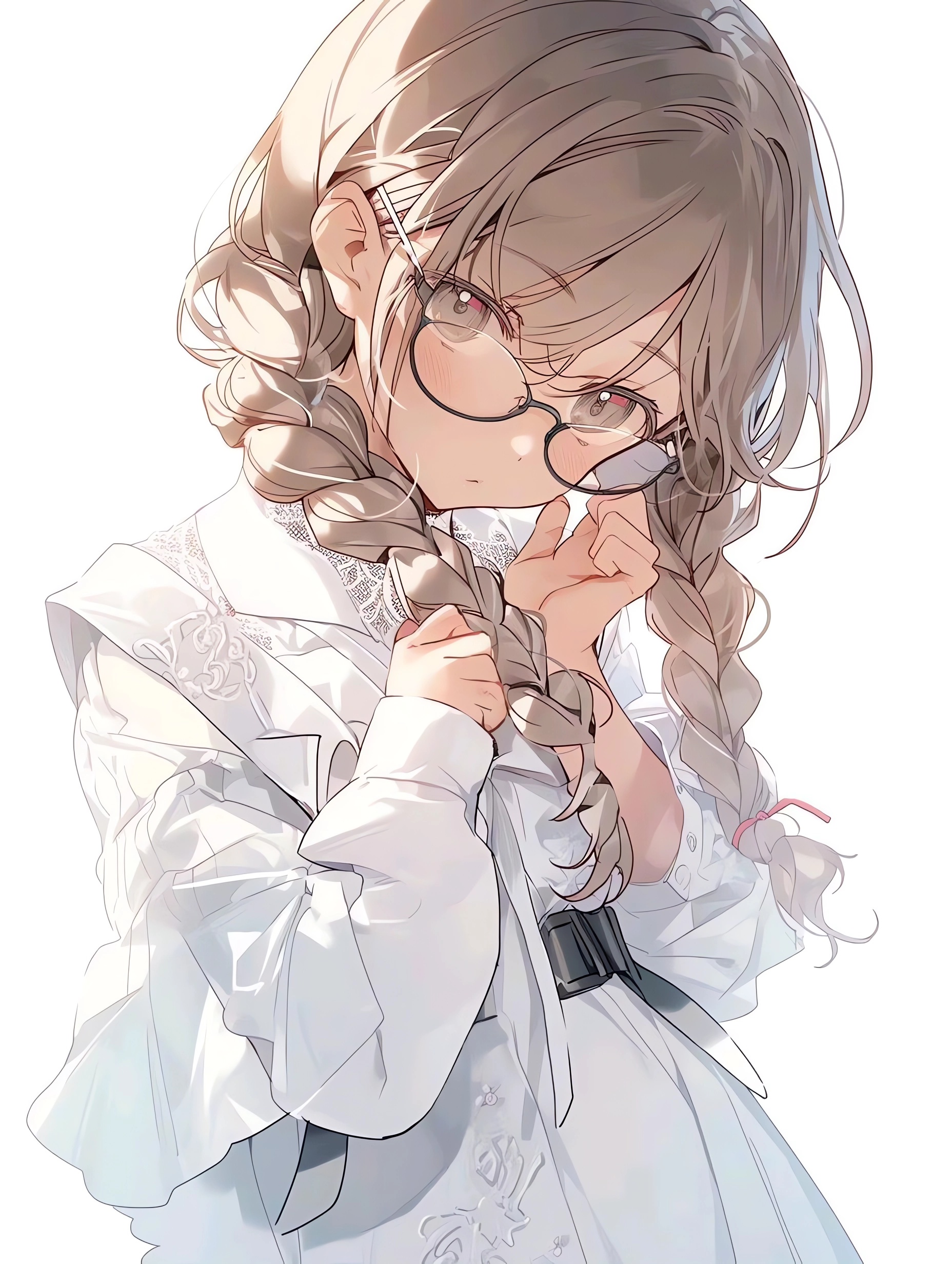 Anime 1856x2464 anime anime girls portrait display glasses braids looking at viewer simple background white background minimalism twintails long hair