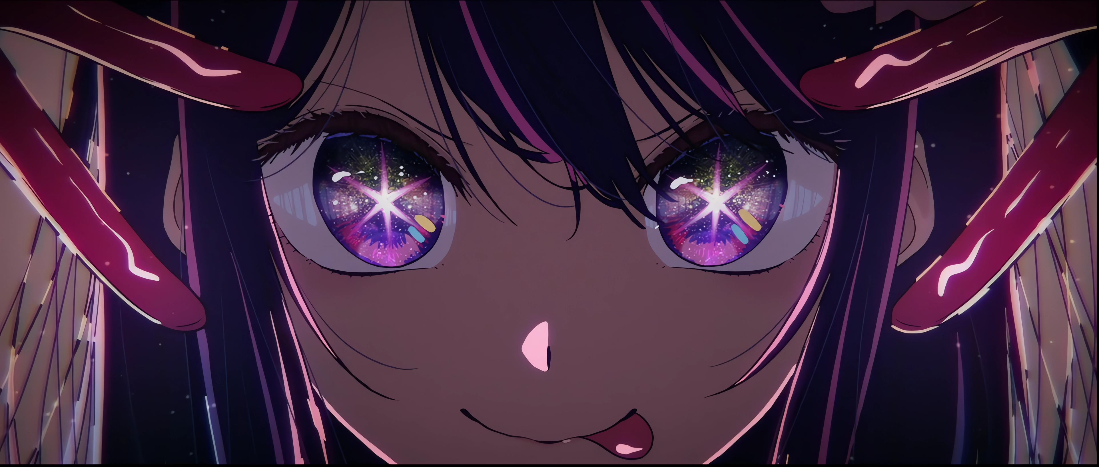 Anime 3848x1636 Oshi no Ko Hoshino Ai looking at viewer star eyes tongue out anime girls long hair purple hair purple eyes