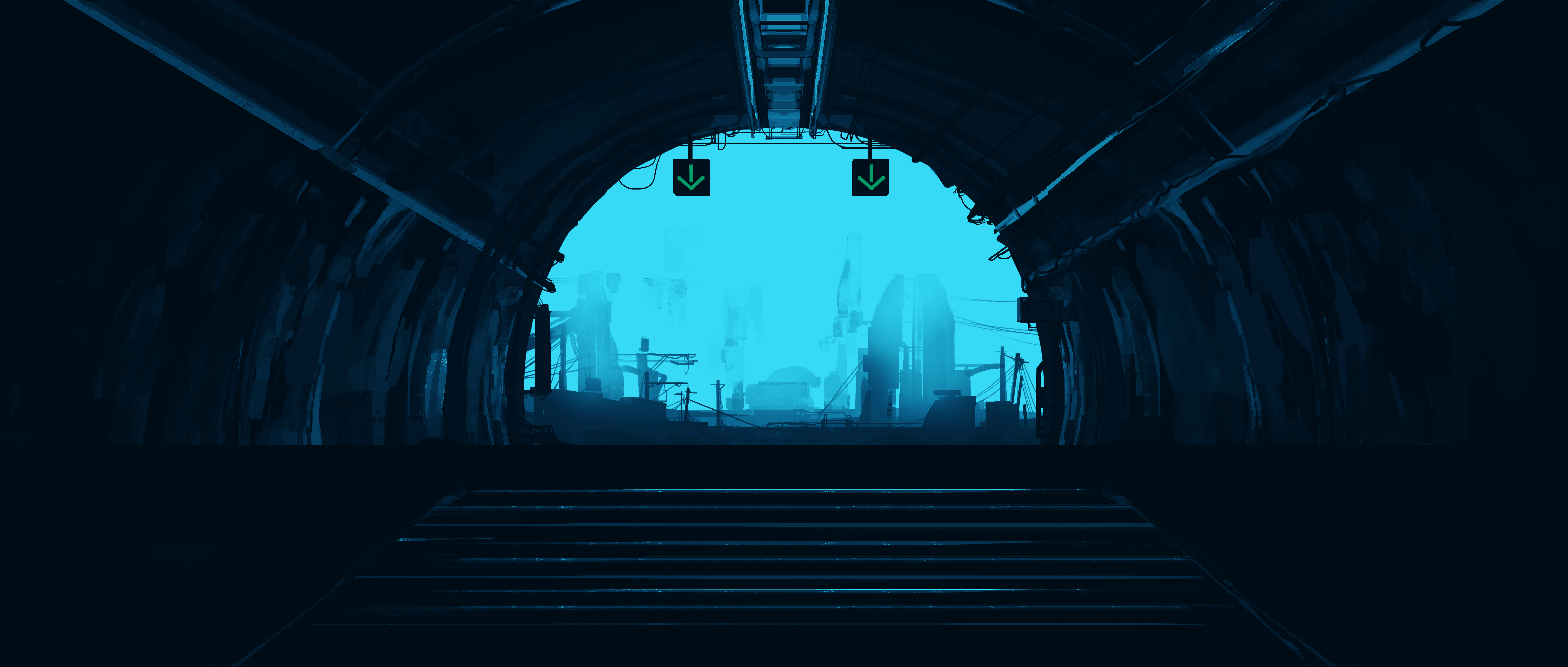 General 5640x2400 Gracile digital art artwork illustration wide screen landscape environment tunnel exit stairs