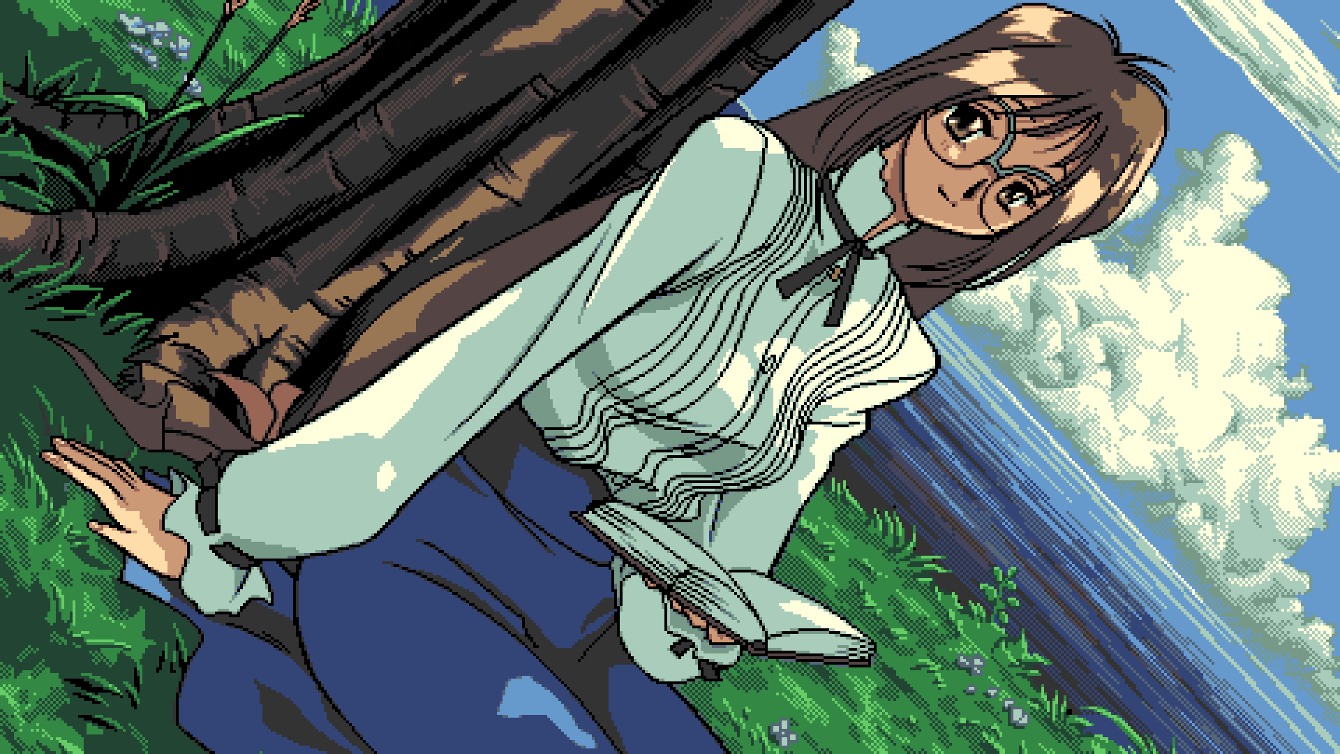 Anime 1920x1080 PC-98 pixel art anime girls digital art Game CG sitting glasses trees looking at viewer clouds water sky books smiling long hair