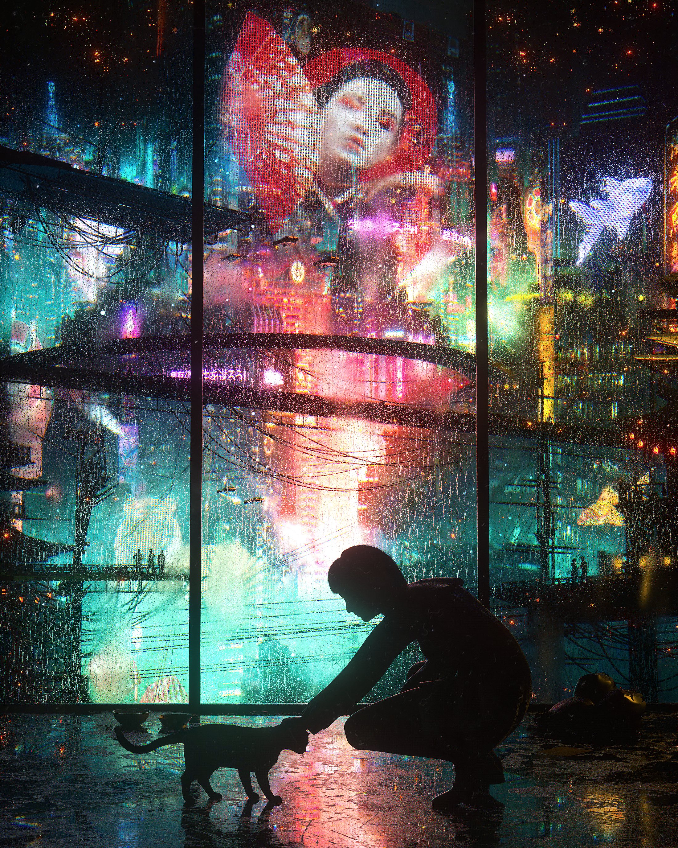 General 2200x2750 digital art cyberpunk city lights science fiction neon short hair looking out window city portrait display cats animals night