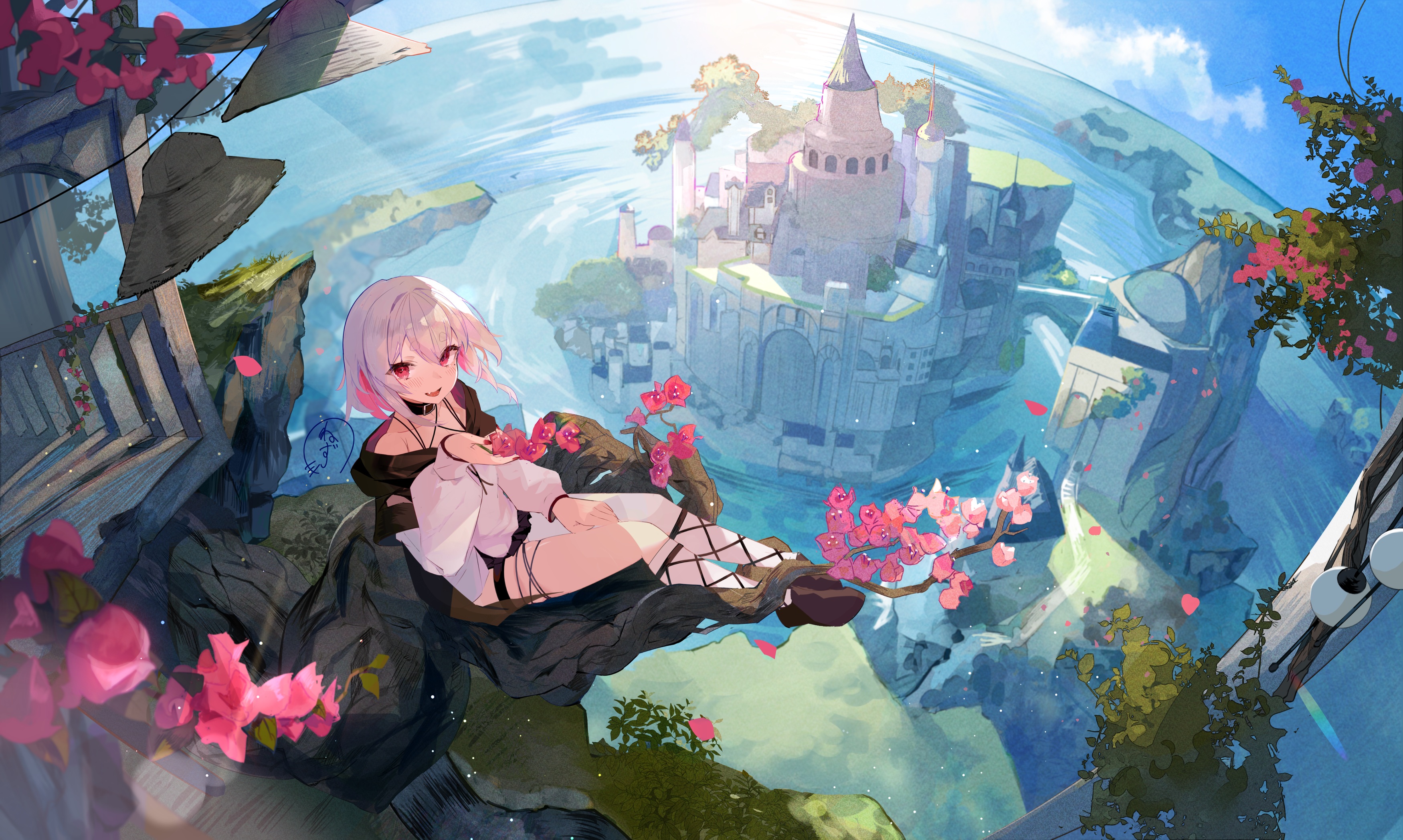 Anime 3500x2097 anime anime girls flowers petals looking at viewer short hair water clouds castle choker two tone hair