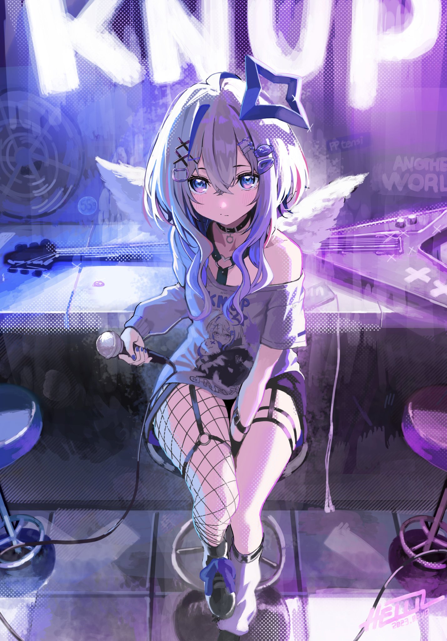 Anime 1429x2048 anime anime girls portrait display sitting guitar musical instrument looking at viewer microphone fishnet multi-colored hair stools Amane Kanata Hololive Virtual Youtuber