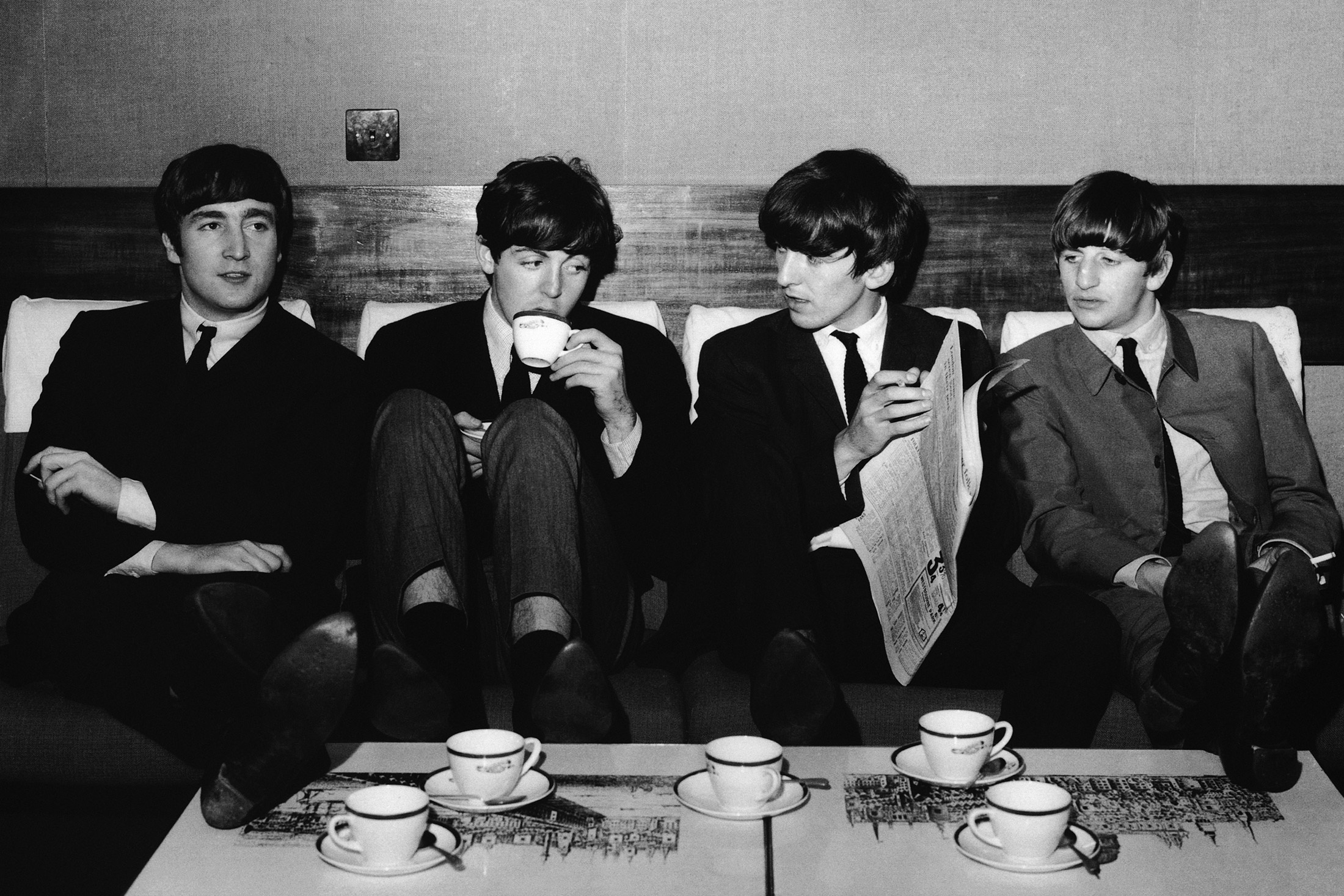 People 2200x1467 John Lennon The Beatles Ringo Starr band monochrome sitting spoon Paul McCartney plates George Harrison cup table chair newspapers suit and tie indoors men indoors bangs parted lips