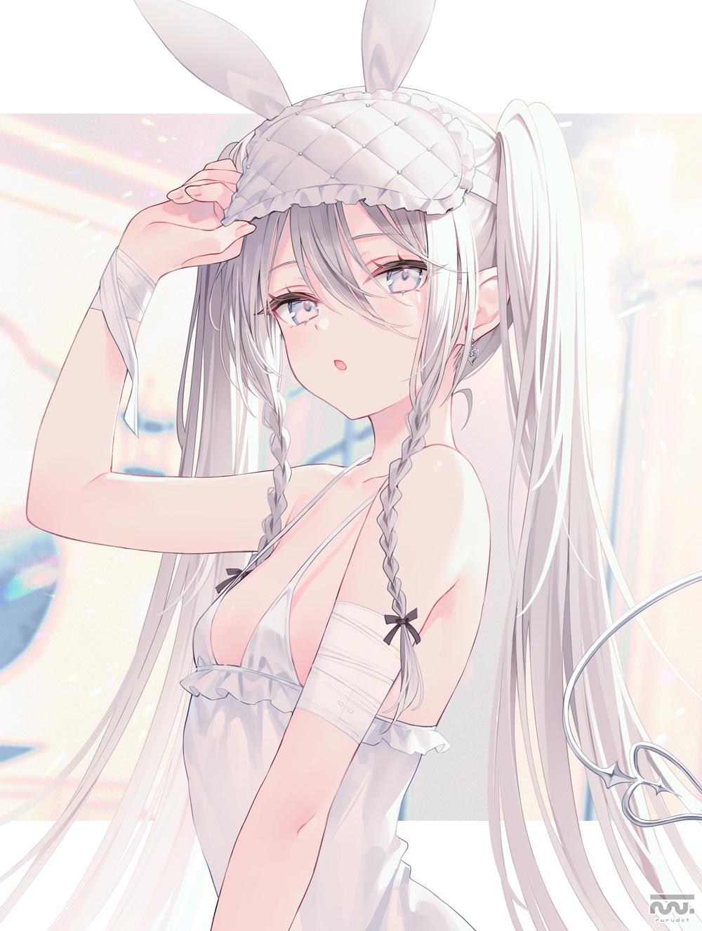 Anime 1000x1326 anime anime girls portrait display long hair bunny ears small boobs earring looking at viewer hair between eyes braids open mouth twintails collarbone blue eyes sleep mask sunlight Rurudo bandages