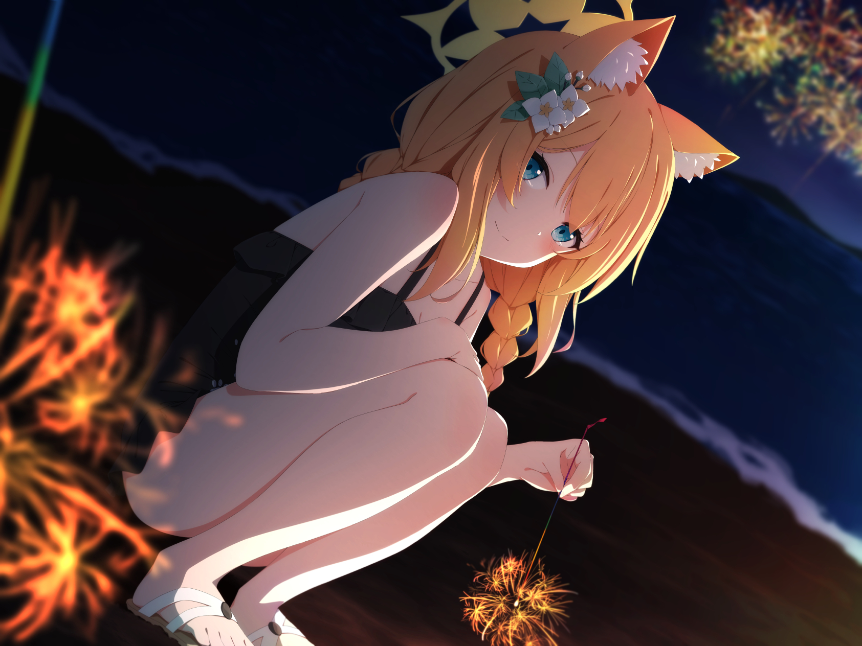 Anime 1685x1264 anime anime girls squatting smiling looking at viewer braids fireworks water waves redhead flower in hair night long hair