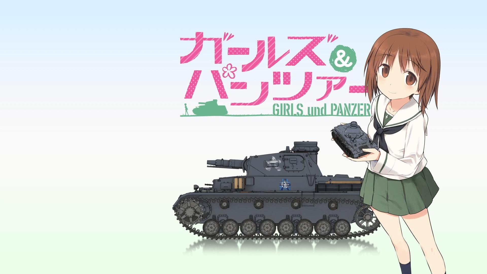 Anime 1920x1080 Girls und Panzer anime girls tank white background Japanese minimalism simple background school uniform schoolgirl looking at viewer smiling brunette brown eyes reflection