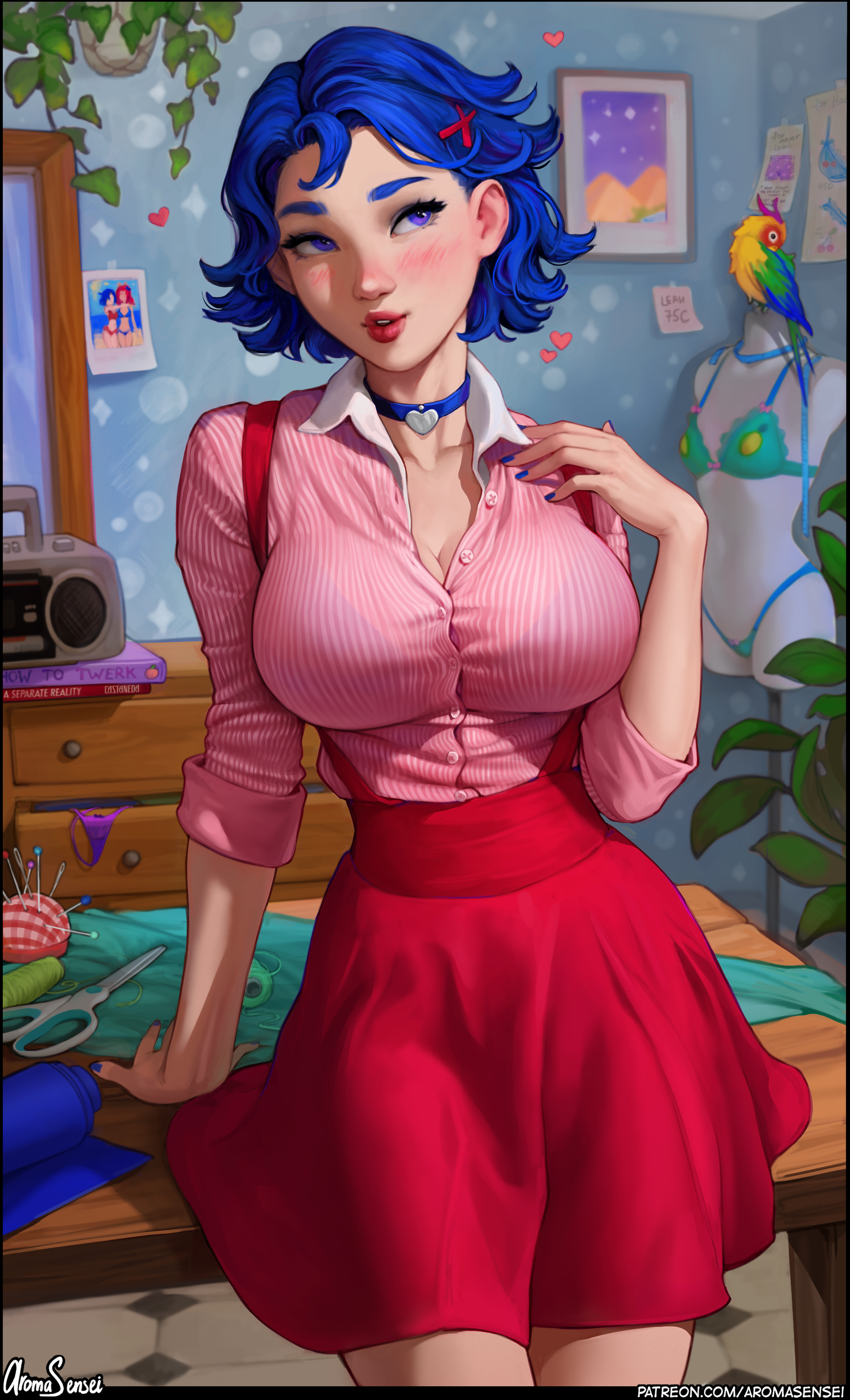 General 3038x5000 Emily (Stardew Valley) Stardew Valley video games video game girls video game characters artwork drawing fan art Aroma Sensei portrait display choker watermarked big boobs looking away short hair birds animals standing leaves scissors signature heart blushing