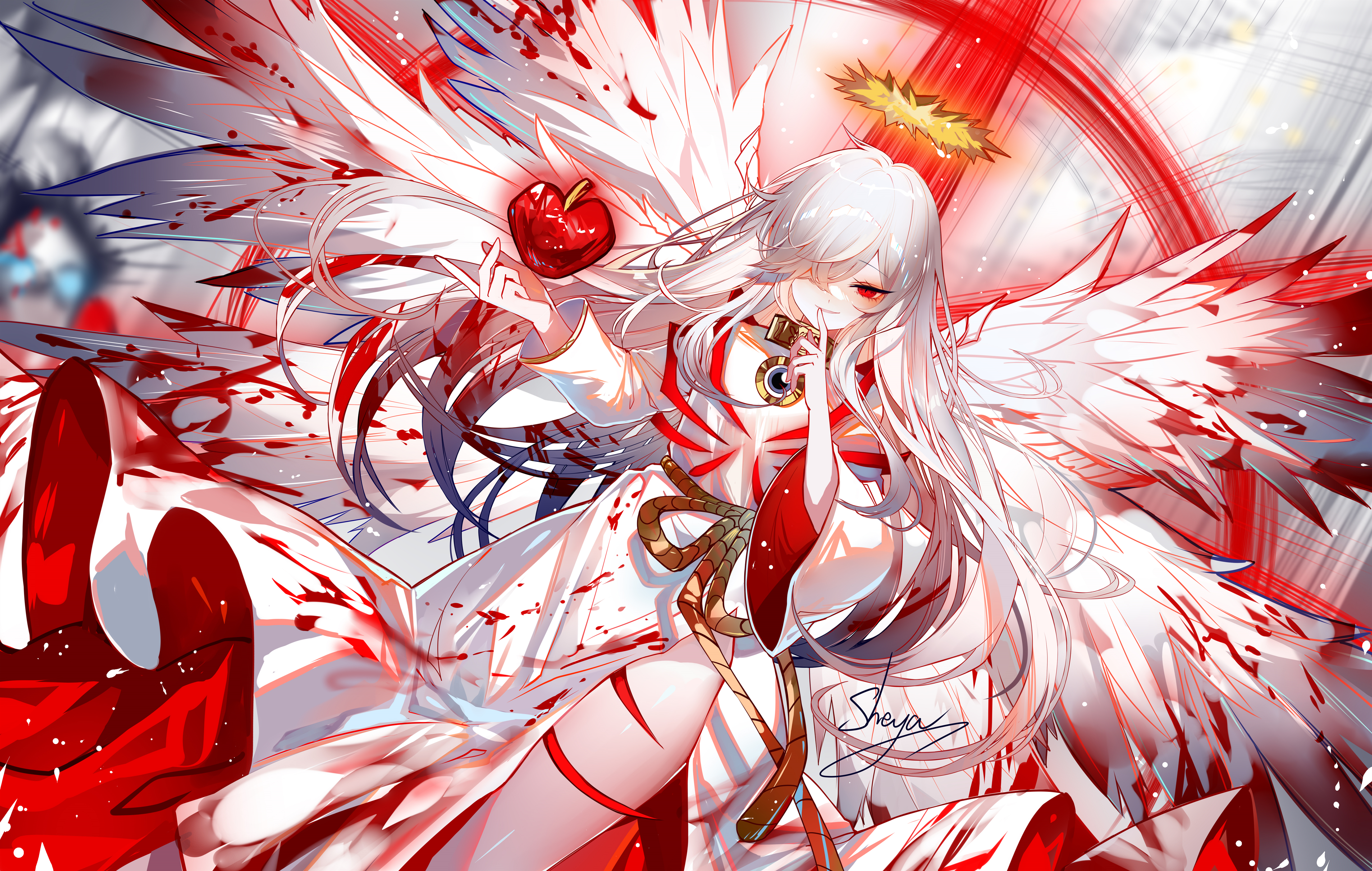 Anime 4425x2810 anime anime girls long hair hair over one eye blood apples signature smiling looking at viewer wings digital art Library Of Ruina
