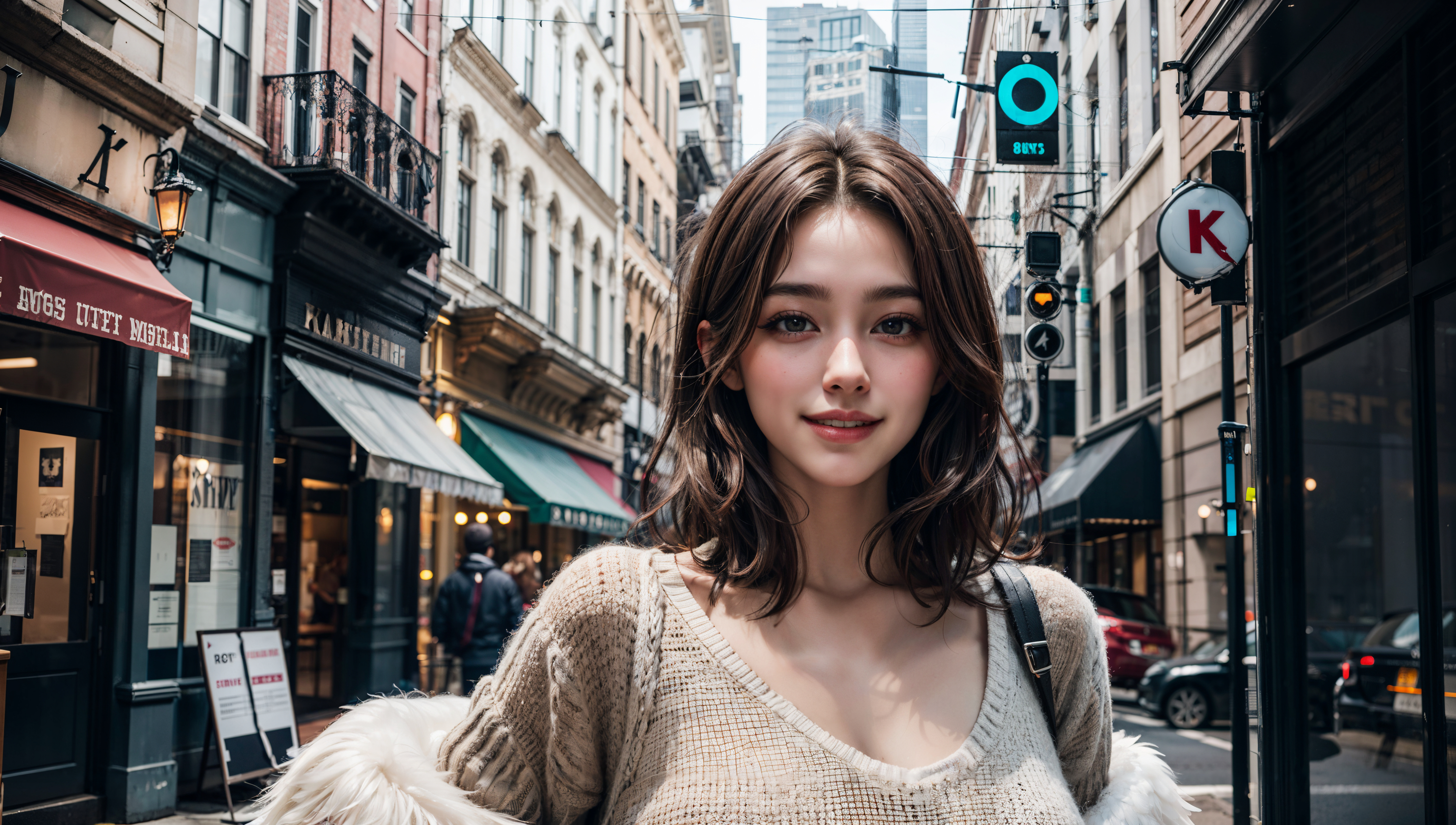 General 3840x2176 AI art women city Asian looking at viewer long hair building street light store front smiling street