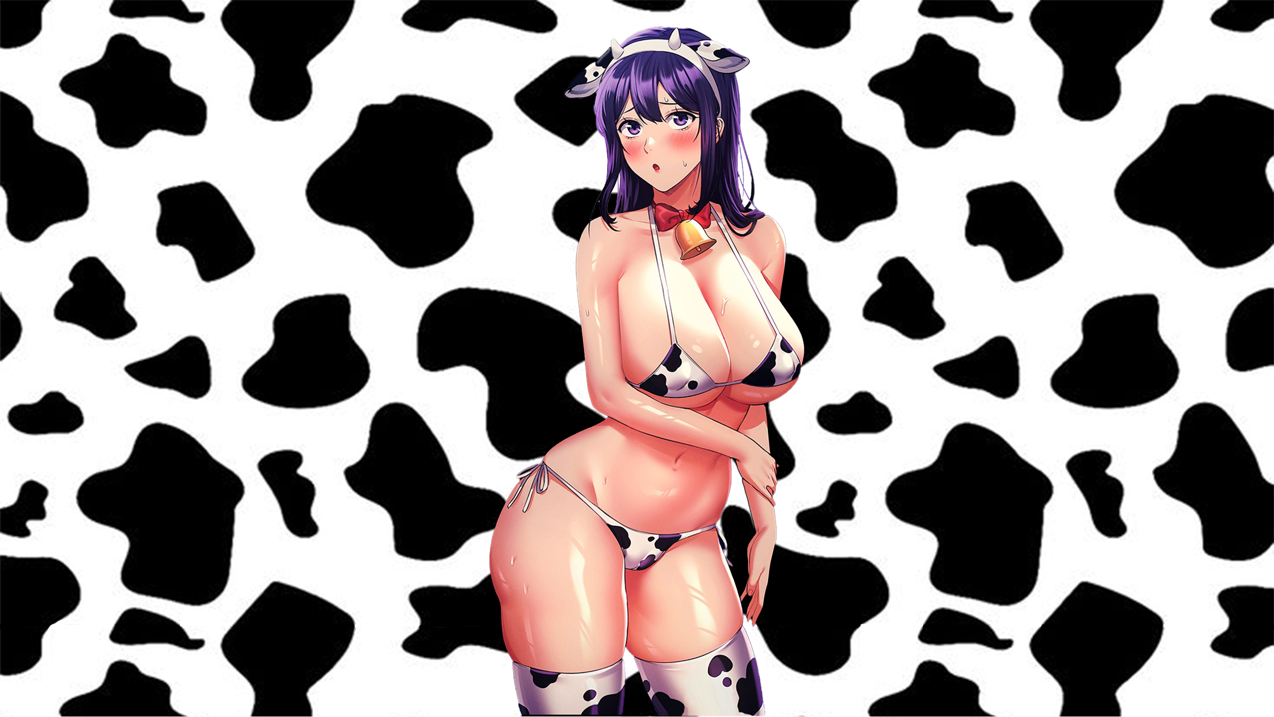 Anime 2560x1440 big boobs aroused thick thigh thighs cow stockings cow print cowkinis bow tie bells horns cow ears headband nipple bulge sweat purple hair simple background anime girls minimalism blushing cowgirl standing looking at viewer