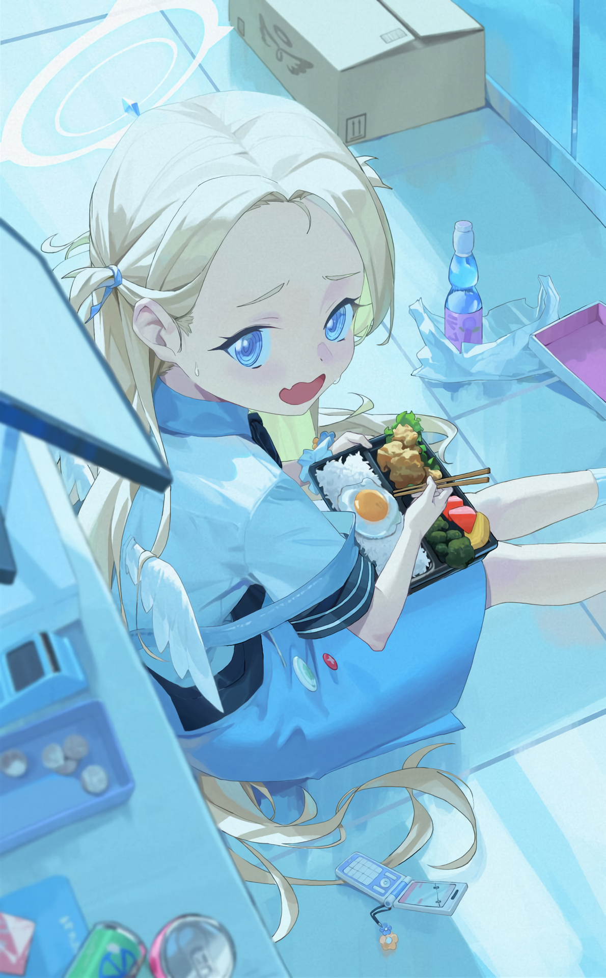 Anime 1190x1920 Blue Archive anime girls blonde blue eyes anime girl with wings portrait display uniform Sora (Blue Archive) long hair fan art anime games food anime girls eating eating looking at viewer