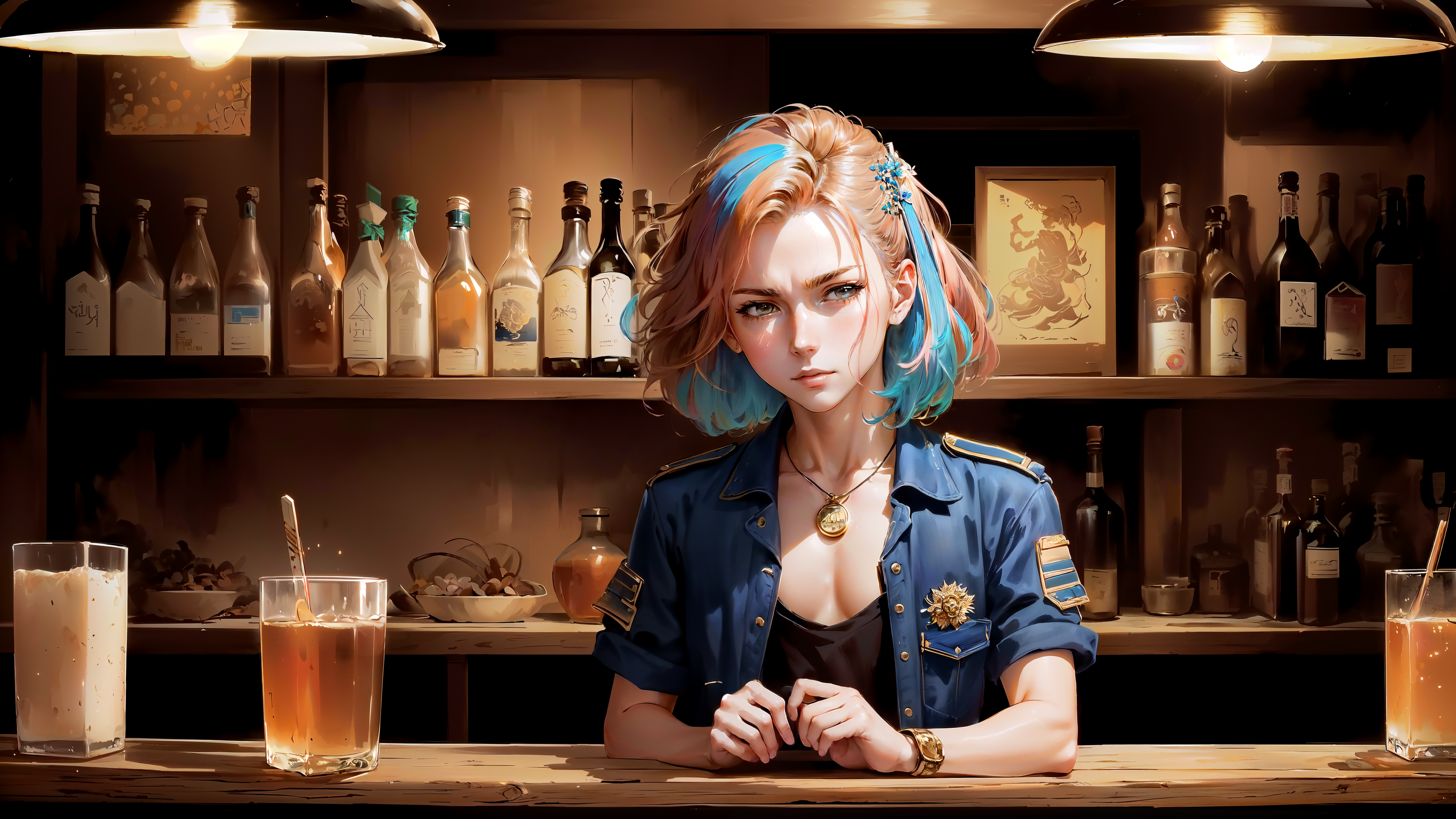General 3840x2160 AI art women short hair bar beverages alcohol dyed hair bartender 4K DeviantArt indoors looking at viewer drink necklace two tone hair