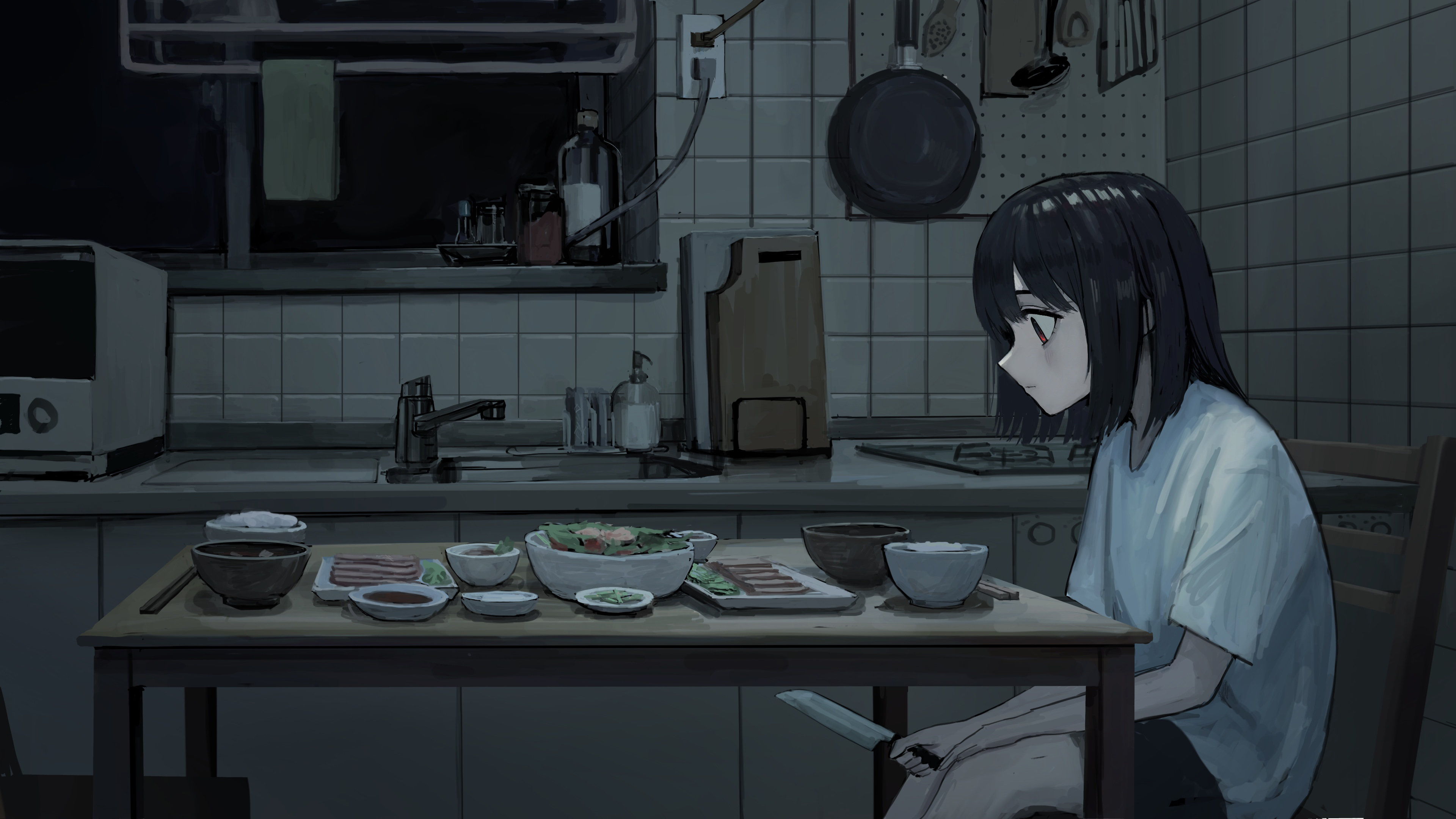 Anime 3840x2160 anime girls depressing eating thinking kitchen knife interior food table chair