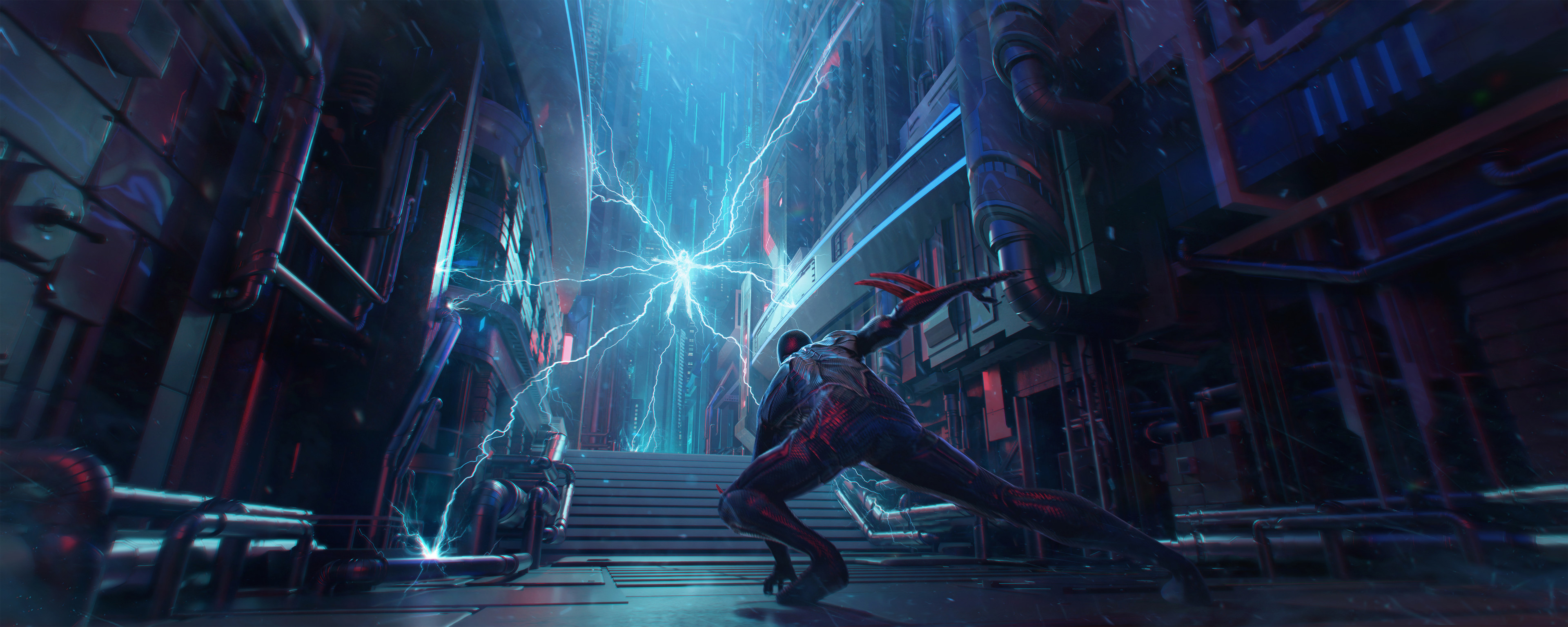 General 3840x1536 Rutger van de Steeg fan art digital art artwork superhero Marvel Comics Spider-Man fighting electricity science fiction Spider-Man 2099 stairs
