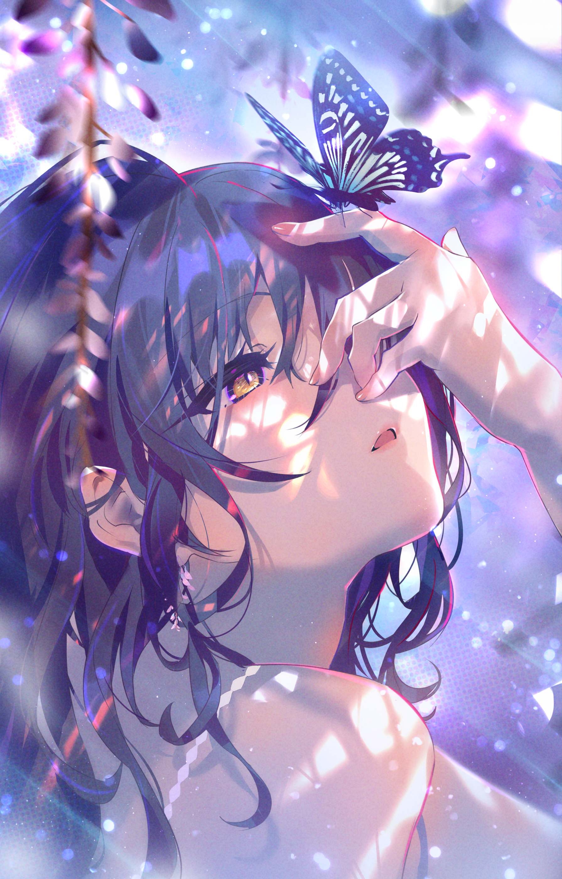 Anime 1790x2800 anime girls anime portrait display butterfly long hair insect looking up yellow eyes