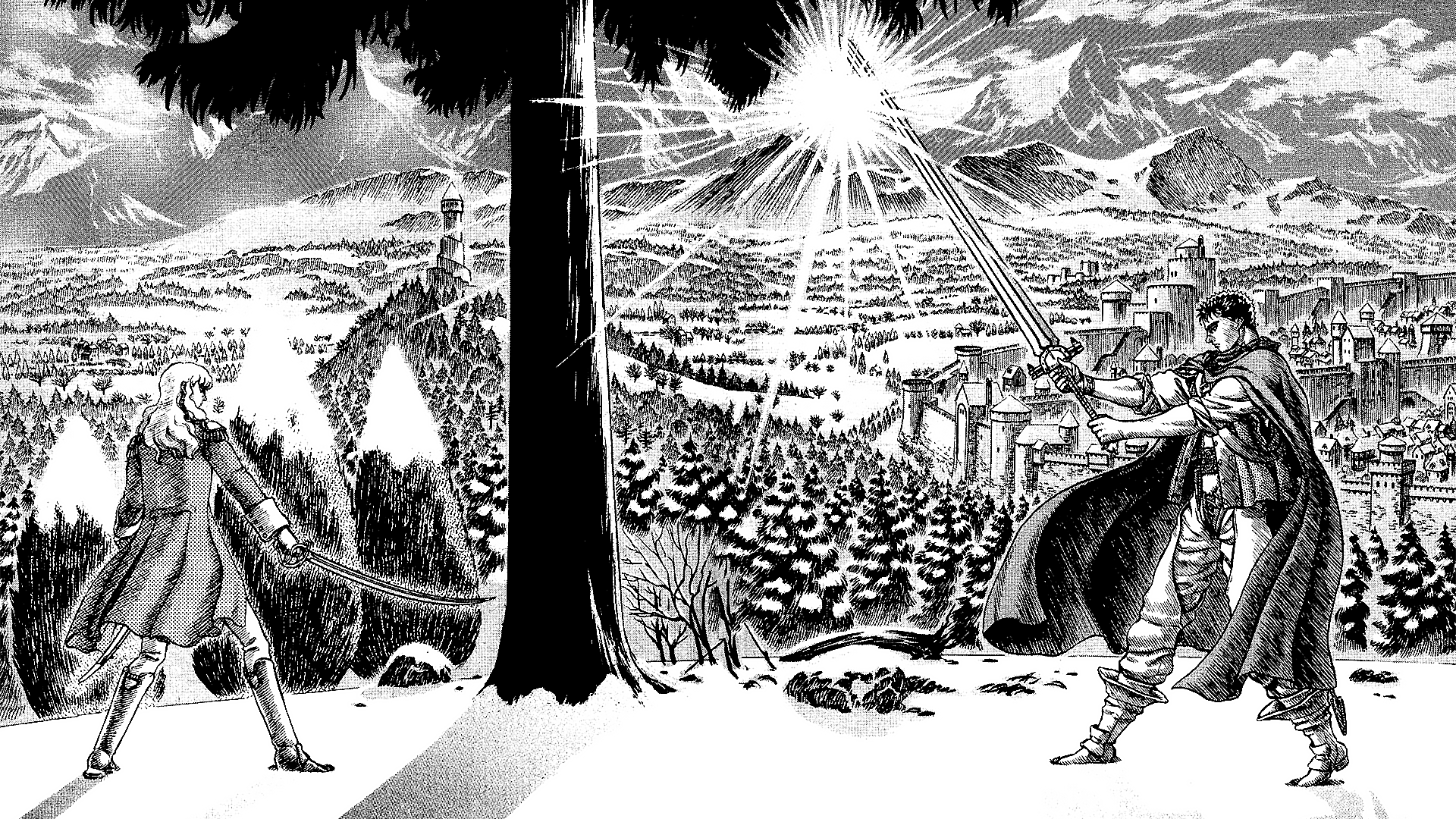 Anime 1920x1080 Berserk Guts Griffith manga anime men sword cape sunlight landscape snow mountains trees weapon Kentaro Miura