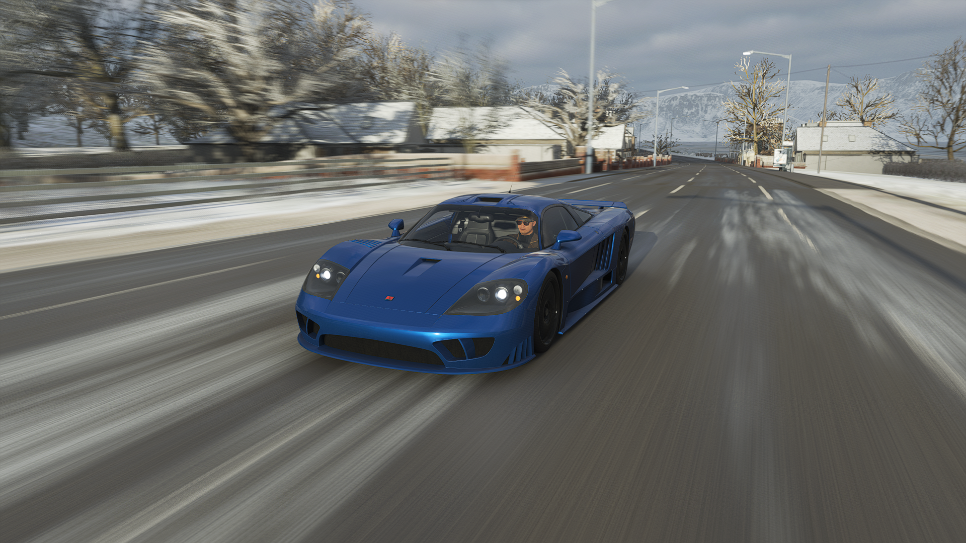 General 1920x1080 Forza Horizon 4 Forza Horizon Forza driving CGI car supercars Saleen S7 video games vehicle frontal view headlights trees snow road blurred blurry background clouds sky street light