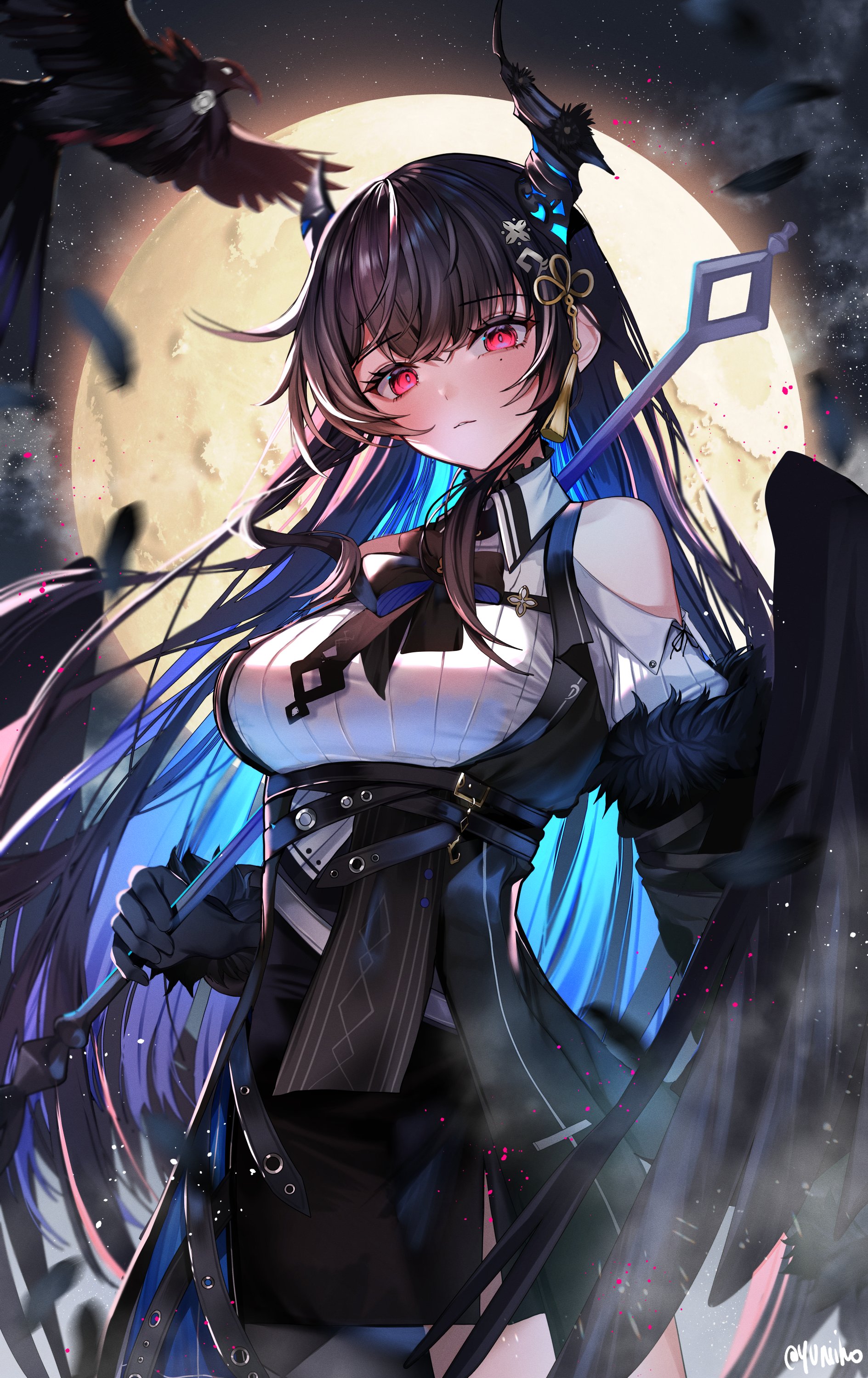 Anime 1889x3000 Nerissa Ravencroft Hololive Virtual Youtuber Hololive English anime girls portrait display wings looking at viewer long hair moles mole under eye Moon feathers red eyes yuniiho